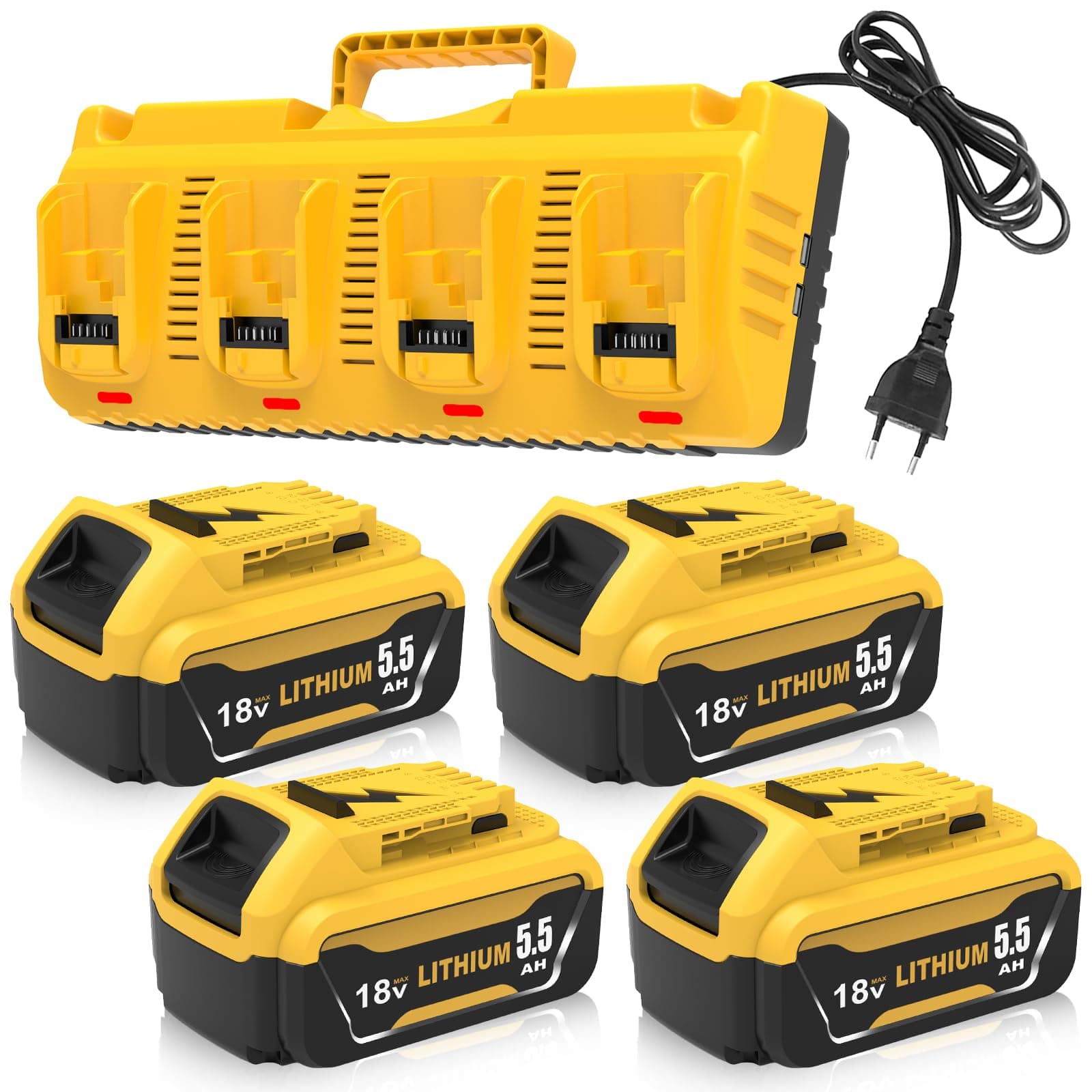 Lot de 4 Batteries Rechange pour Dewalt Batterie 18V 5.5Ah+Chargeur DCB104 | DCB184 DCB180 DCB181 DCB182 DCB200 DCB201 DCB204 avec indicateur LED