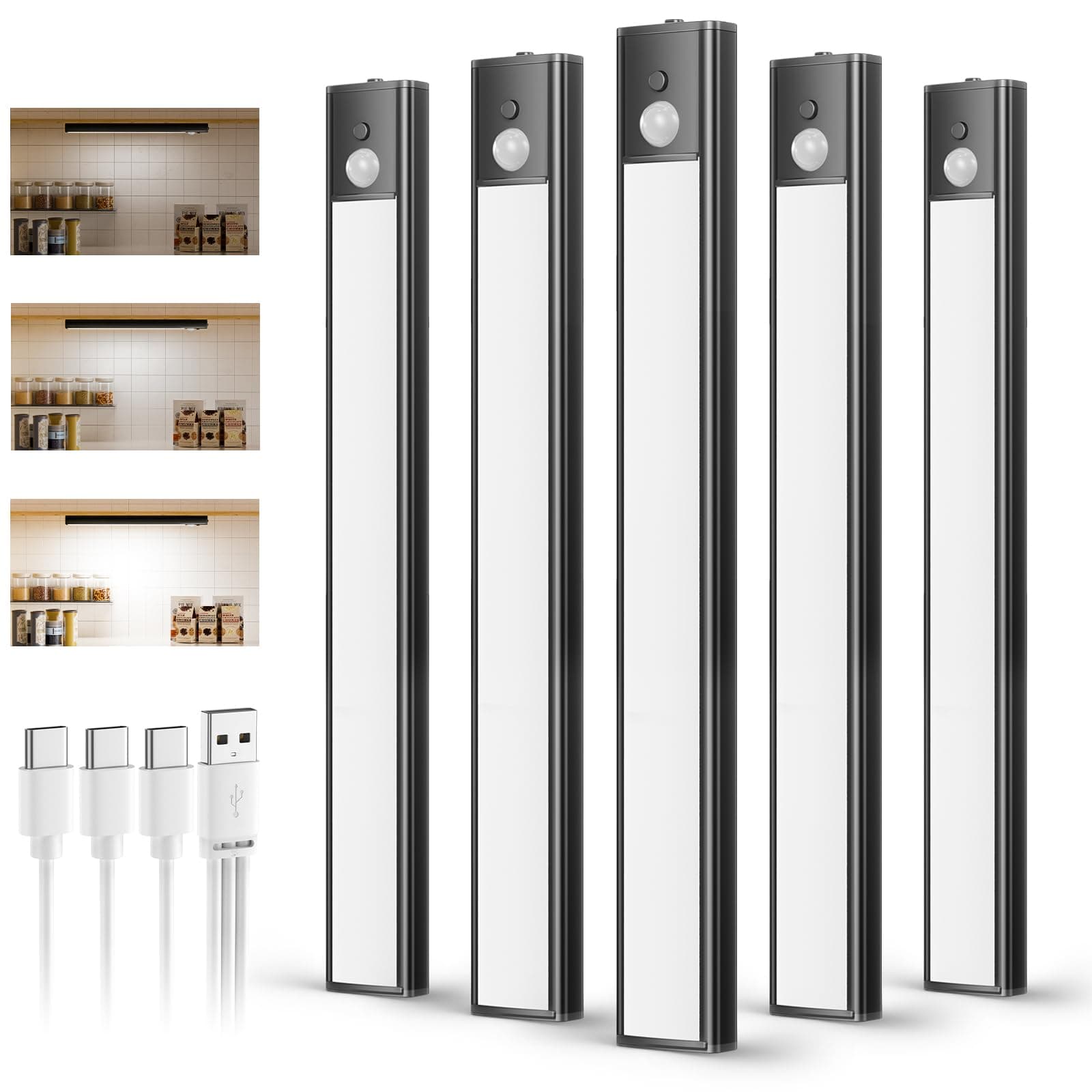 Luminaires de cuisine sous comptoir noirs rechargeables - Pack de 5 & 3 niveaux de luminosité, lumières à détecteur de mouvement d'intérieur, longue durée - Lumière magnétique à coller pour placard
