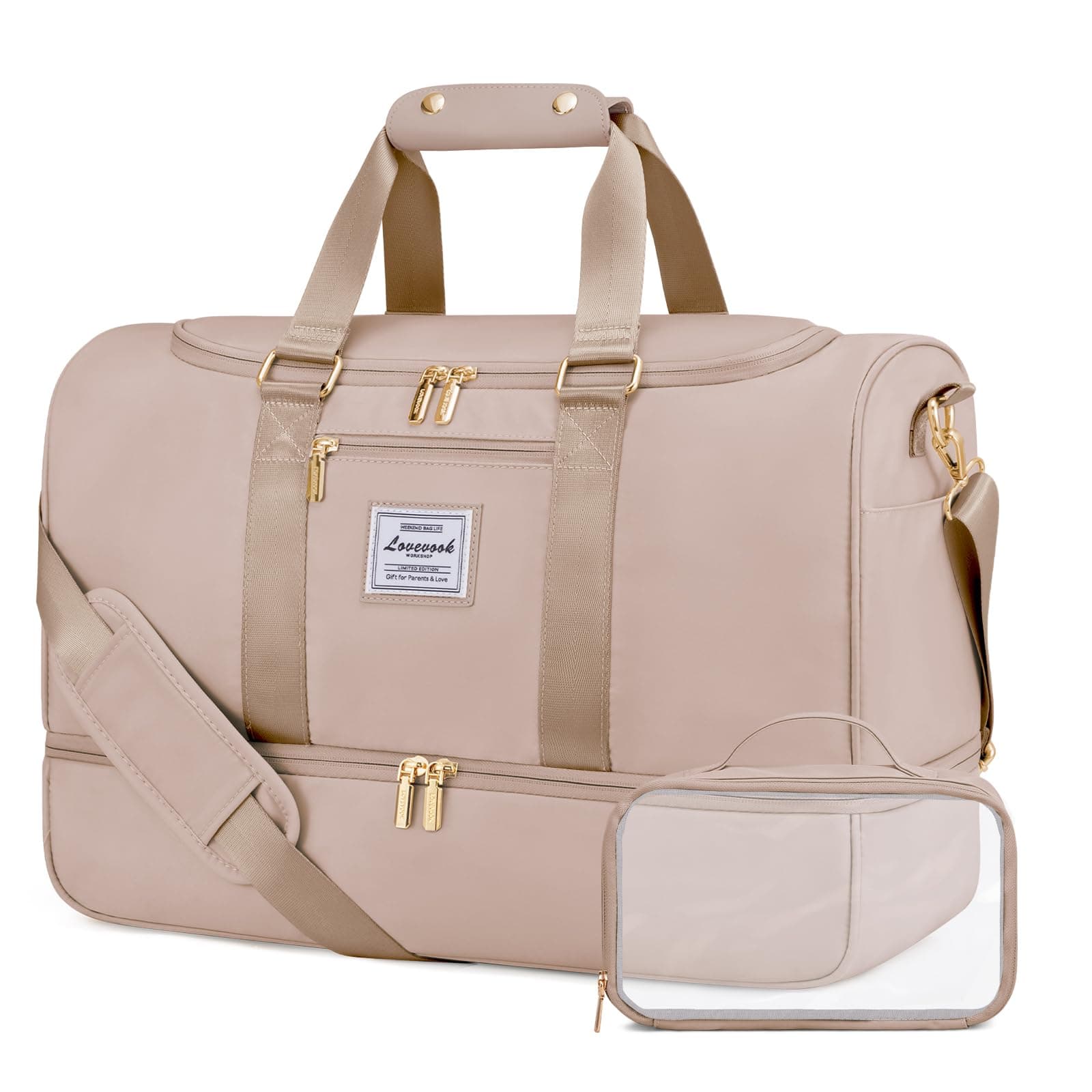 LOVEVOOK Sporttasche Reisetasche Groß, 50L Travel Bag mit Kulturtasche, Schuhfach & Nassfach, Wasserdicht Strandtasche Schwimmtasche Saunatasche, Handgepäck Tasche für Sport Reise Urlaub, Sandfarben