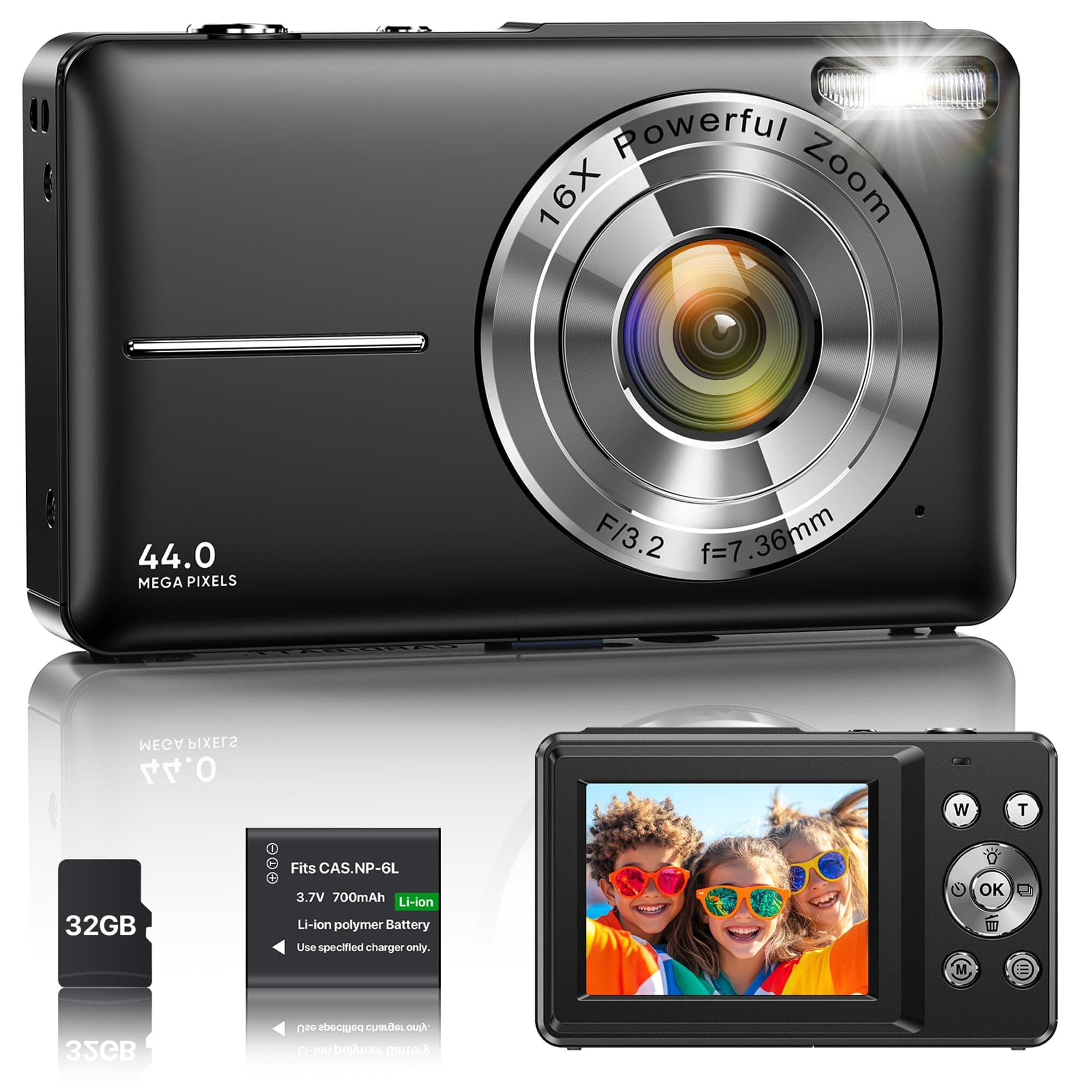 Cámara Digital 1080P 44MP Cámara de Vlogging para Niños Adolescentes, FHD Compacta Portátil con Pantalla de 2,4" Zoom 16X, Mini Cámara Anti-vibración para Principiantes Estudiantes-Negro