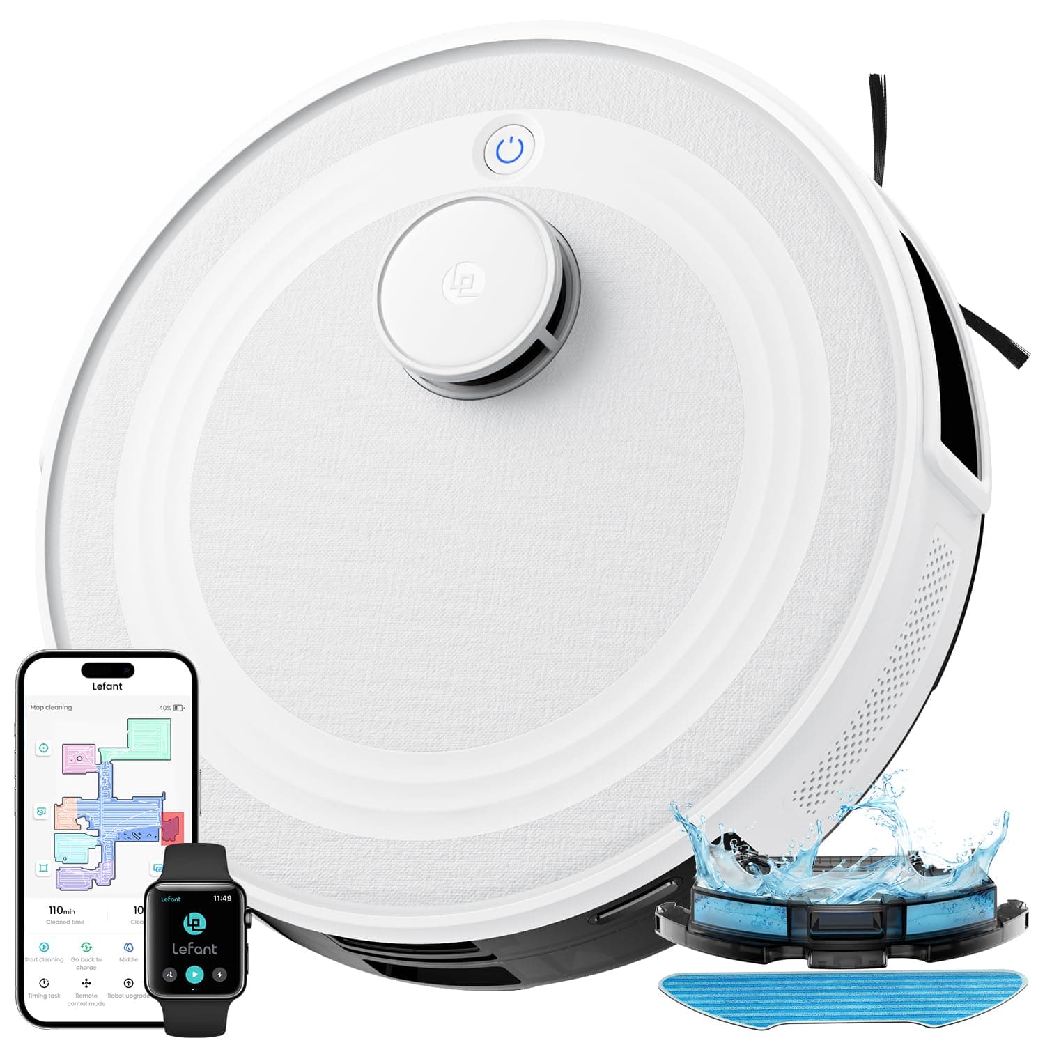 Lefant M2 Robot Aspirateur Laveur avec Cartographie, Aspiration de 6000Pa, Navigation Laser, Technologie d'évitement PSD, Nettoyage Personnalisé, Autonomie de 160 Minutes, Contrôle Via APP/Alexa/WiFi