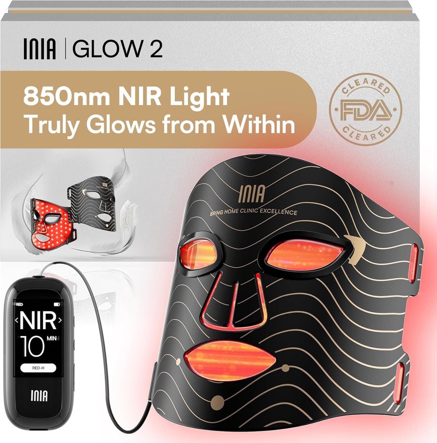 INIA Masque LED visage à lumière rouge, 4 modes d’éclairage, 850 nm, LED rouge et bleue, 220 perles, masque rechargeable pour le soin du visage