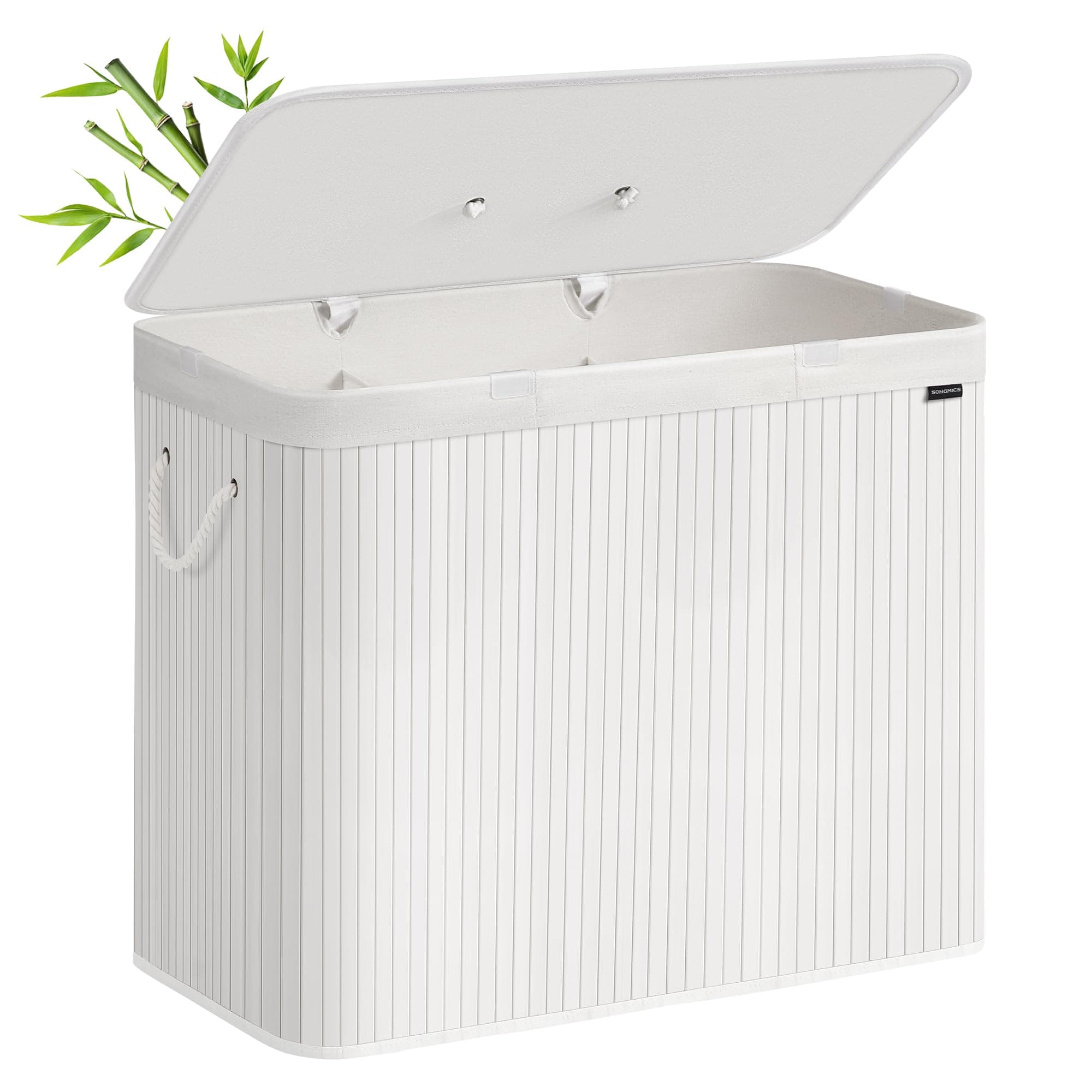 SONGMICS Cesto de la Ropa Sucia con Tapa, 3 compartimentos, 170 L, Cesta de Lavandería de Bambú, Plegable, con Bolsa Lavable Extraíble, Asas, para Lavandería, Dormitorio, Blanco LCB013W01