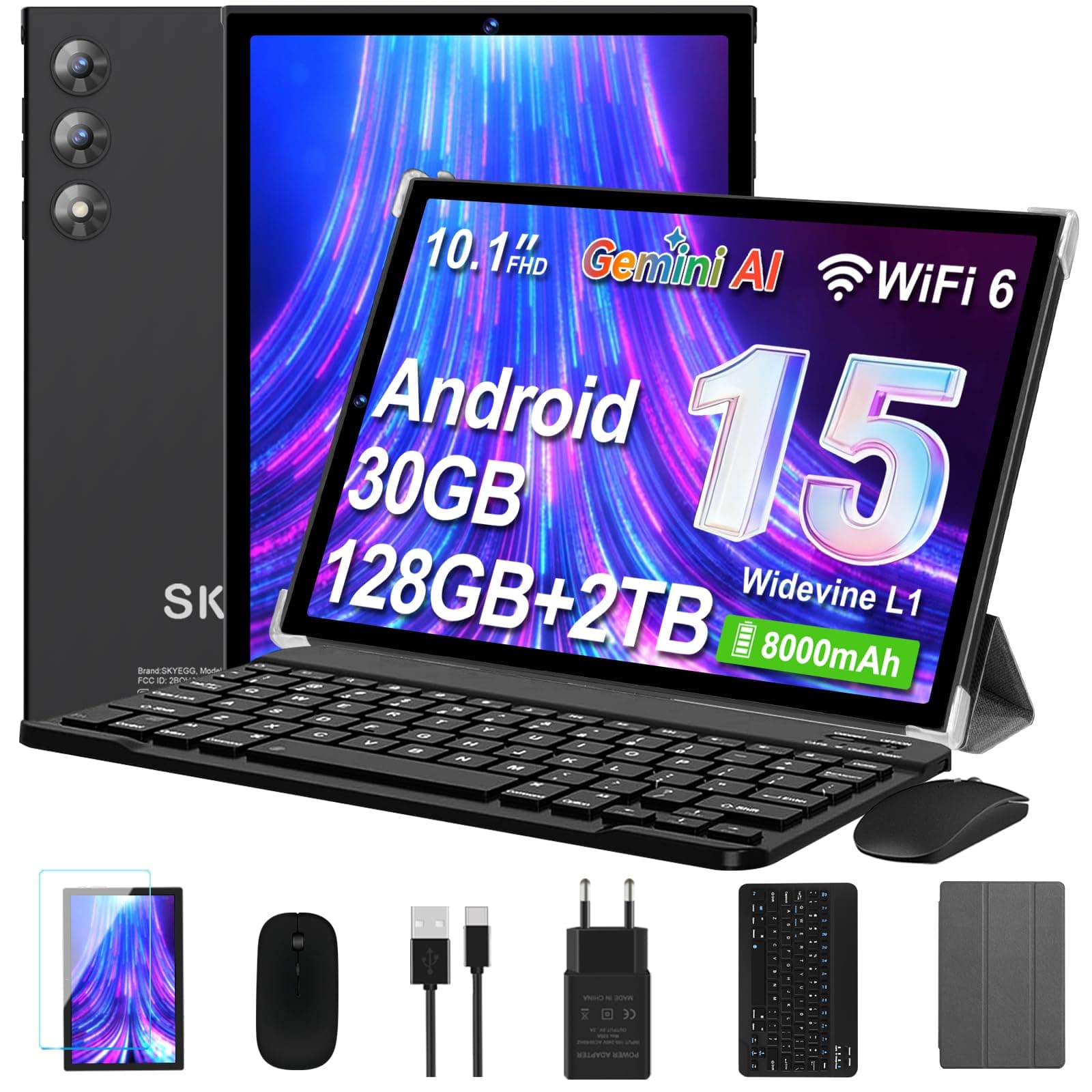Tablette 10 pouces Android 15 avec Gemini AI, 30 Go RAM+ 128 Go ROM+ 2 To d'extension, WiFi 6, Widevine L1, octa-core, 8000 mAh, BT 5.0, Tablette Tactile avec Clavier et Souris, Corps métallique, Noir