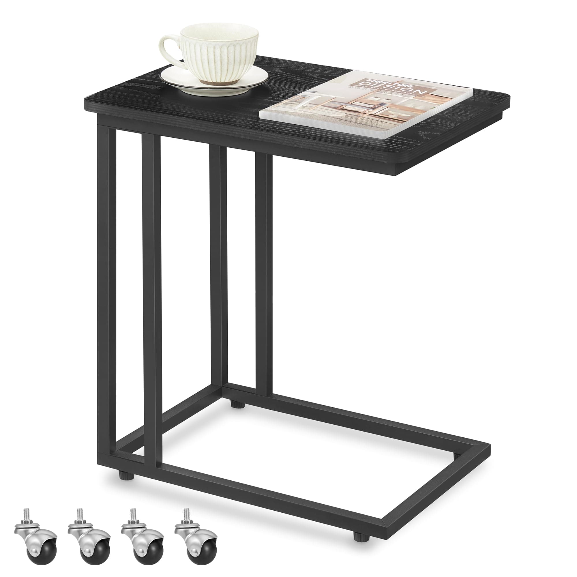 VASAGLE Beistelltisch, Sofatisch mit Rollen, C-Form, mobiler Kaffeetisch, 35 x 50 x 60 cm, Wohnzimmertisch mit Metallgestell, für Kaffee und Laptop, modern, ebenholzschwarz LNT050B56