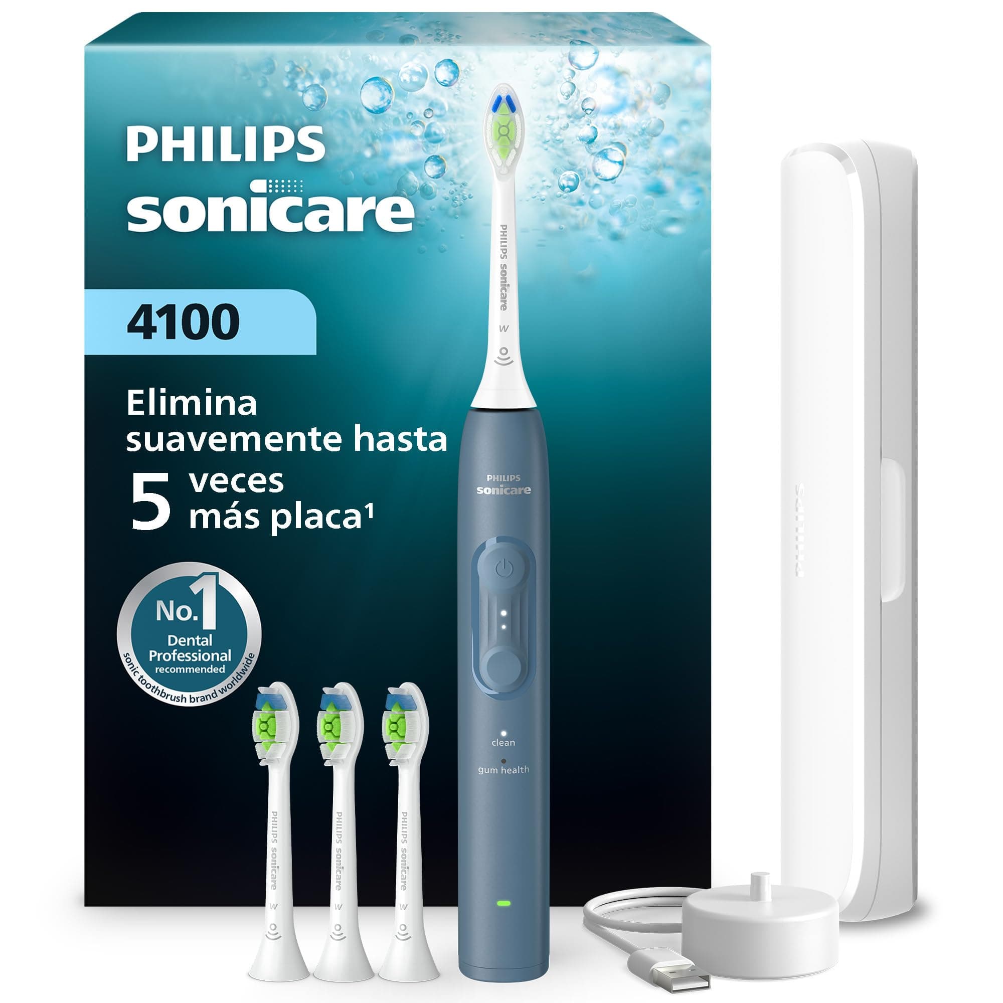 Cepillo Philips Sonicare Serie 4100 - Cepillo dental sónico con sensor de presión, 4 ajustes de cepillado, EasyStart, SmarTimer, autonomía de 21 días, estuche, azul marino, HX4046/48, [Nuevo]