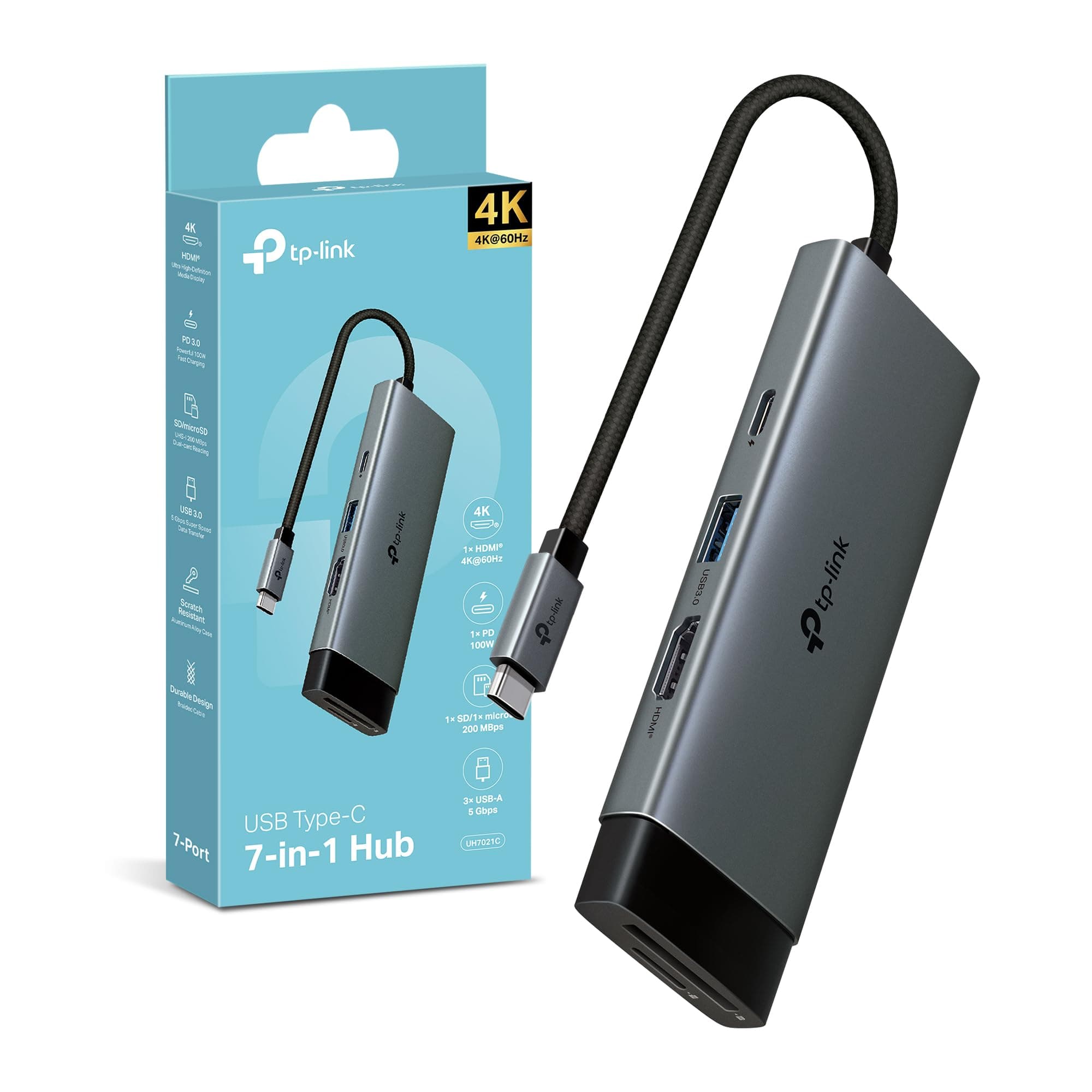 TP-Link UH7021C Hub USB C 7 in 1, 1 HDMI 4K@60Hz, SD e MicroSD UHS-I, 1 PD 100W, 3 Porte USB-A 3.0, 5 Gbps SuperSpeed, Win11/10/8.1/8/7, Mac OS, Linux OS, iOS, Android, Chrome OS