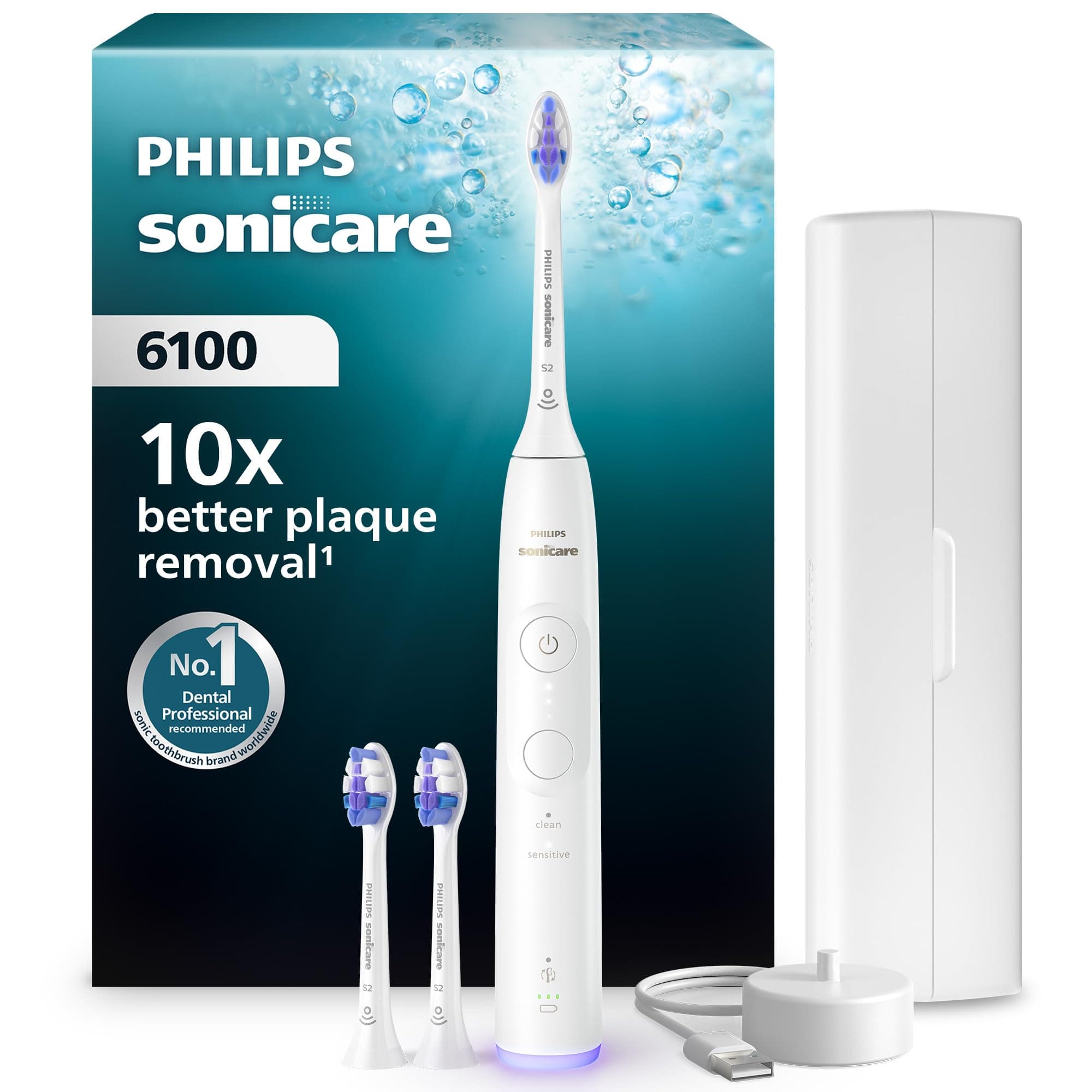 Philips Sonicare 6100 cepillo dental eléctrico, sónico con 2 modos de cepillado y 3 niveles de intensidad, EasyStart, estuche de viaje, blanco, HX7400/02 [Nueva Tecnología]