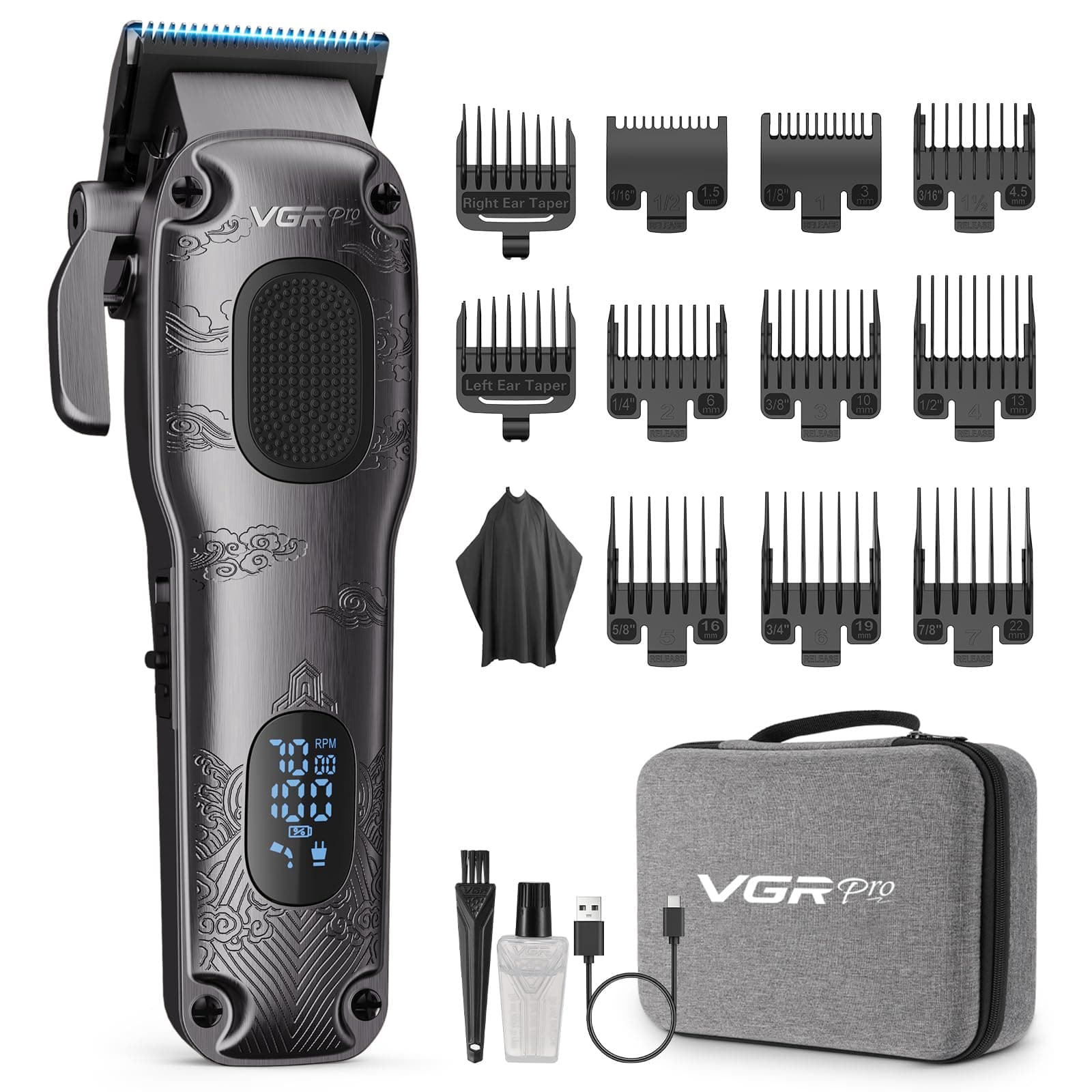 VGRPRO Tondeuse Cheveux Hommes Professionnel, tondeuse homme sans fil avec étui, Électrique kit de coupe pour maison & coiffeur, écran LED, cadeau homme (Gris)