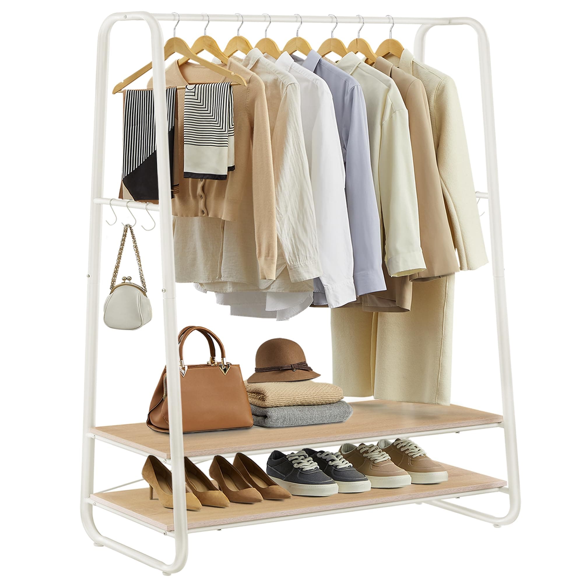 VASAGLE Perchero Burro, Perchero Recibidor con 2 Estantes, 6 Ganchos en Forma de S, Marco de Acero, 45 x 100 x 160 cm, para el Dormitorio, Roble y Blanco Mate RGR112W09