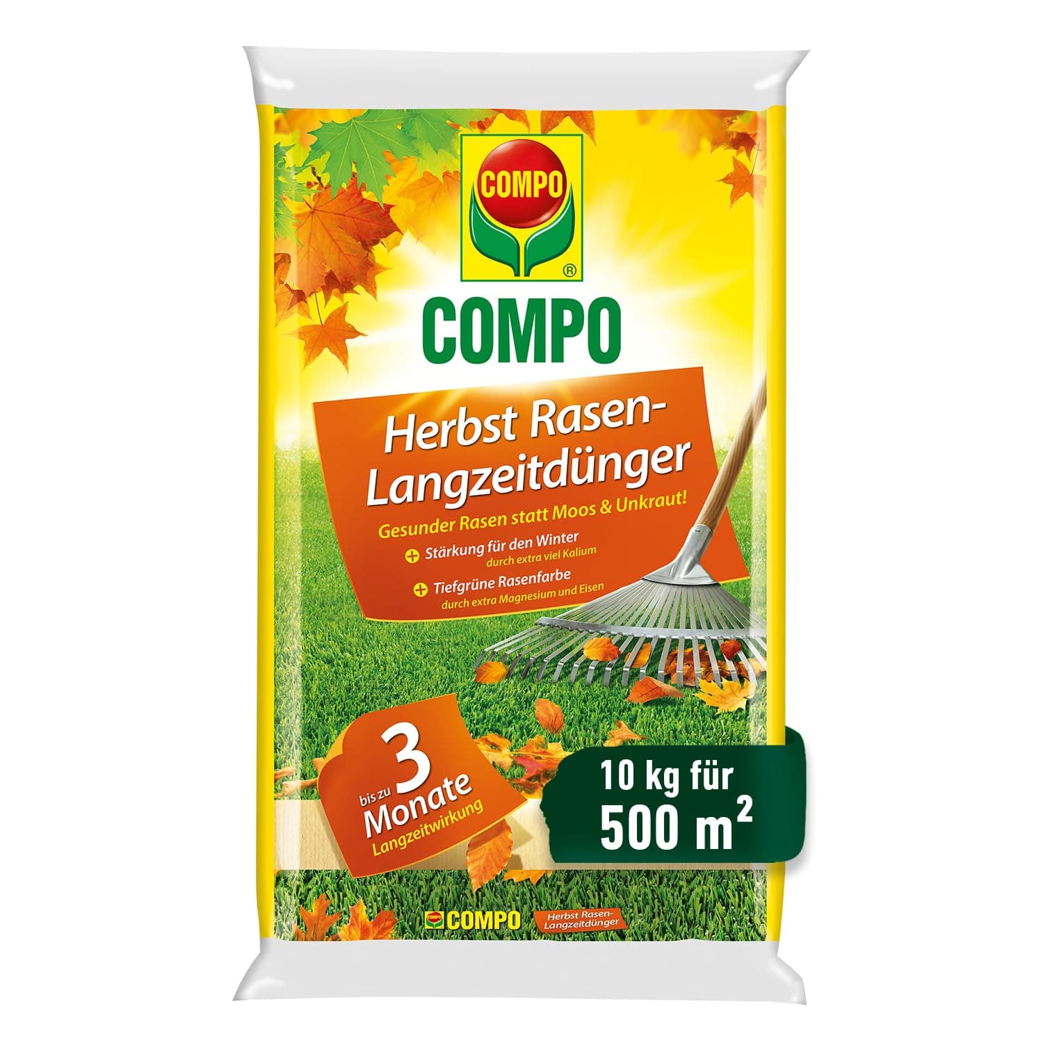 Herbstrasendünger mit Kalium - 10kg für 500m² - Stärkt den Rasen für den Winter - 3 Monate Langzeitwirkung – Gesunder Rasen statt Moos und Unkraut - Streuwagen geeignet 10kg