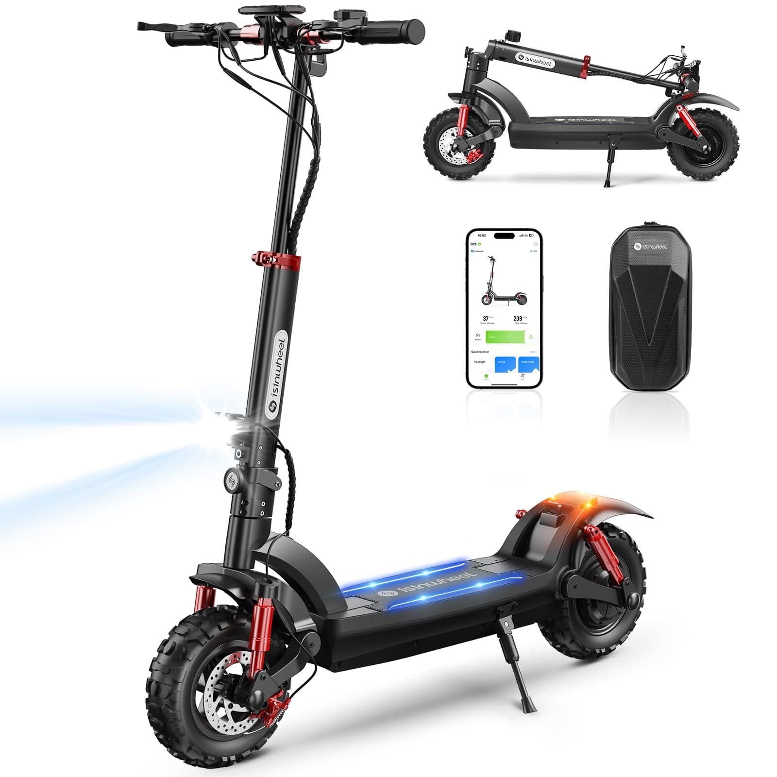 isinwheel GT2 Trottinette Électrique Tout Terrain Adulte 1200W,Autonomie 60 km,Batterie 48V 15Ah,Pneus 11 Pouces Off-Road,Double Suspension,Double Frein,Application,Sac de Rangement,Charge 150 kg