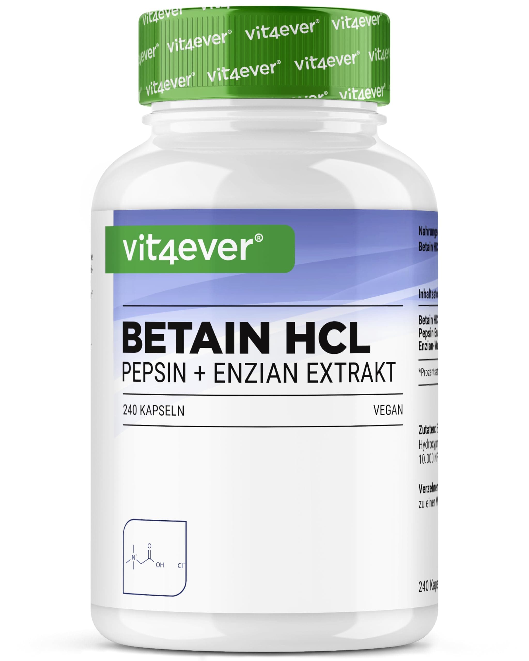 Betain HCL - 240 Kapseln mit 695 mg - Premium: Mit Pepsin & Bitterstoffe aus Enzian - Vollspektrum Enzym Kapseln - Hochdosiert - Laborgeprüft