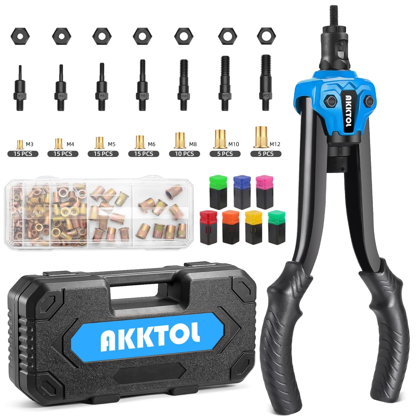 AKKTOL Pince à Insert Fileté avec Boîte de Rangement et Coffret Robuste – 7 Mandrins (M3 à M12), 80 Écrous à Sertir – Pour Réparation Auto & Métal