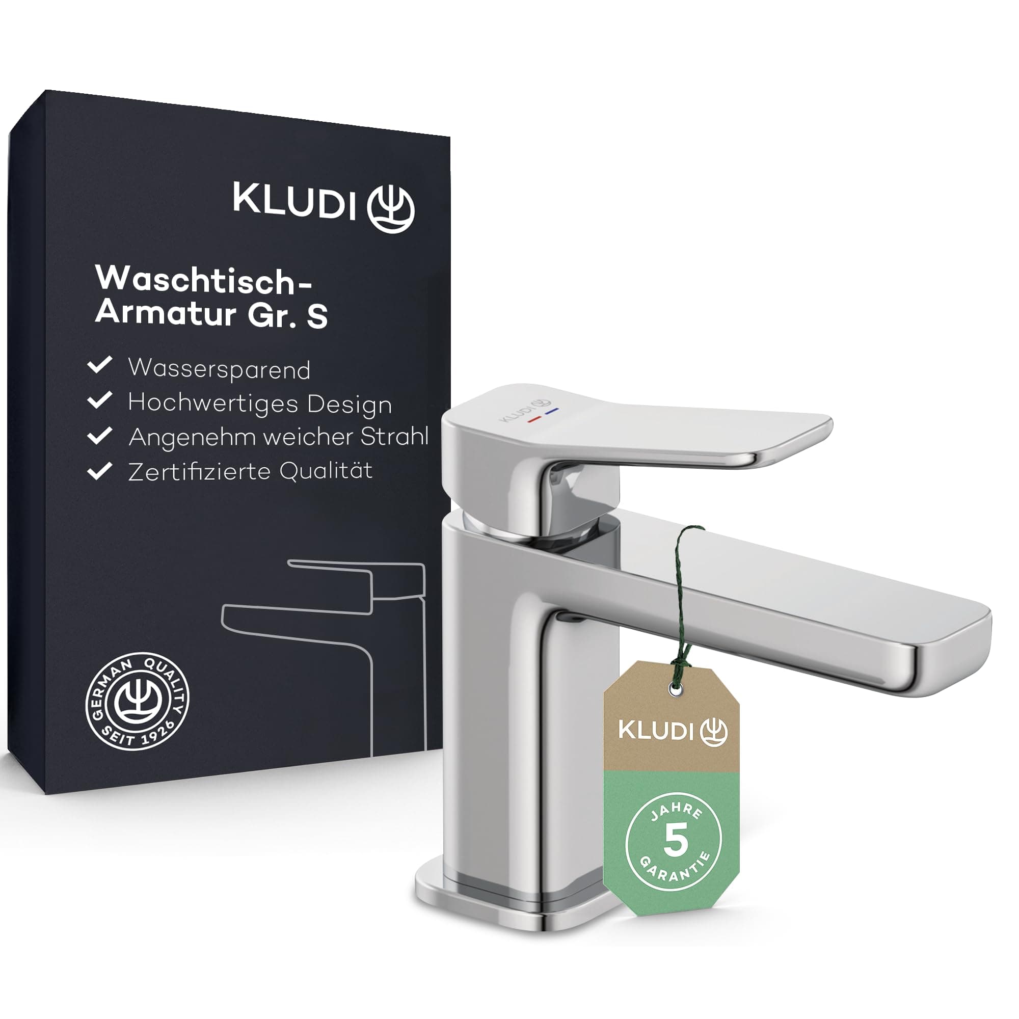 KLUDI-X3 Waschtischarmatur, Auslaufhöhe 85 mm, wassersparender Wasserhahn Bad Größe S, Keramikkartusche, Mischbatterie Waschbecken inkl. Anschlussschläuche in Chrom
