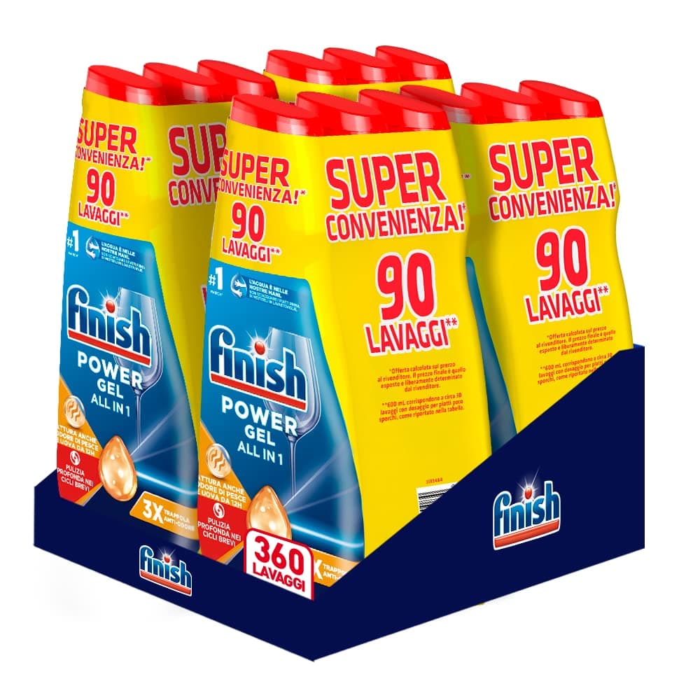 Finish Powergel Detersivo Lavastoviglie Anti Odore, Gel Lavastoviglie, 360 Lavaggi, 12 confezioni da 30 Lavaggi di Liquido Lavastoviglie