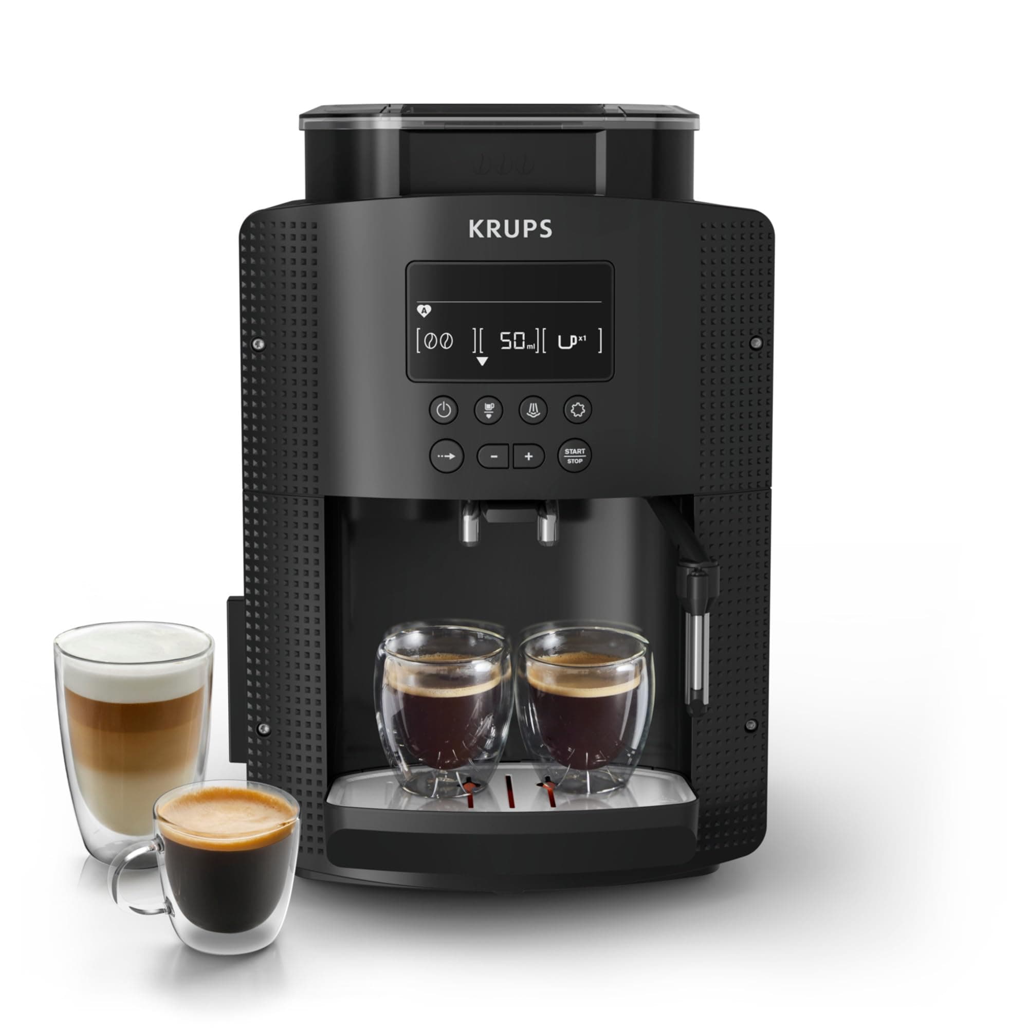 Machine a Cafe KRUPS grain, 1.7 L, Cafetiere espresso, Buse vapeur pour Cappuccino, 2 tasses en simultané, Essential YY8135FD, Noir
