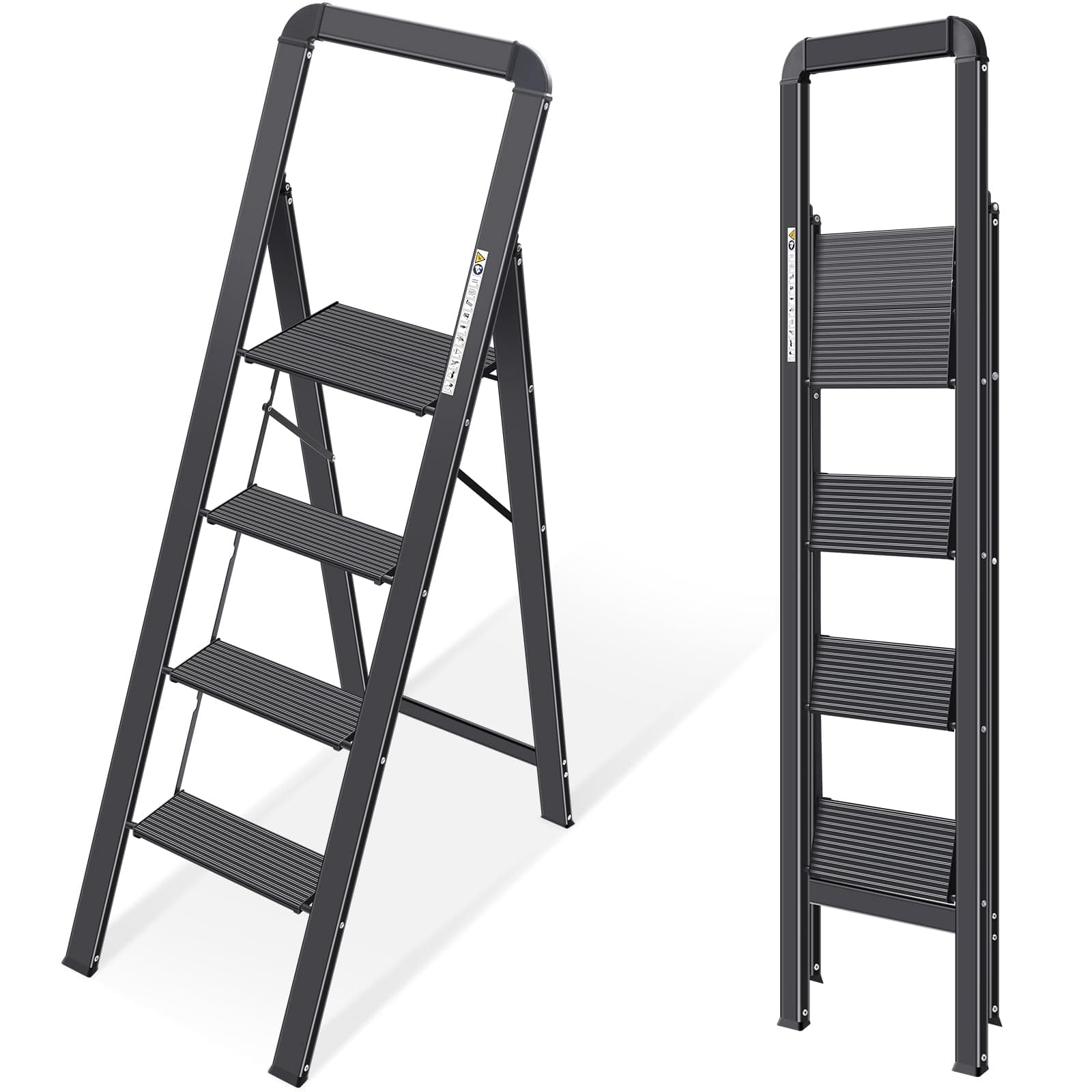 KINGRACK Escalera de Tijera 4 peldaños Plegable de Aluminio, Escalera Doméstica Estrecha con Pasamanos, Mecanismo Antiplegado, Uso Hogar Cocina Despensa Oficina, Ahorro de Espacio y Portátil, Negro