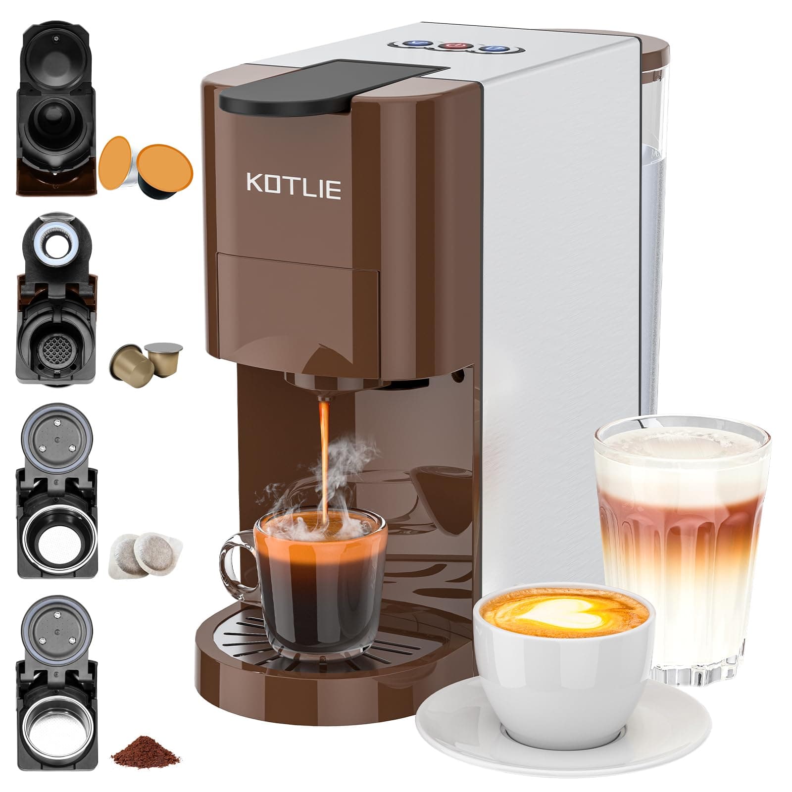 KOTLIE Cafetera 4 en 1 para NES/DG/café en polvo/ESE (44 mm), Máquina Automática de Cápsulas de Café 19 Bar, 800 ml