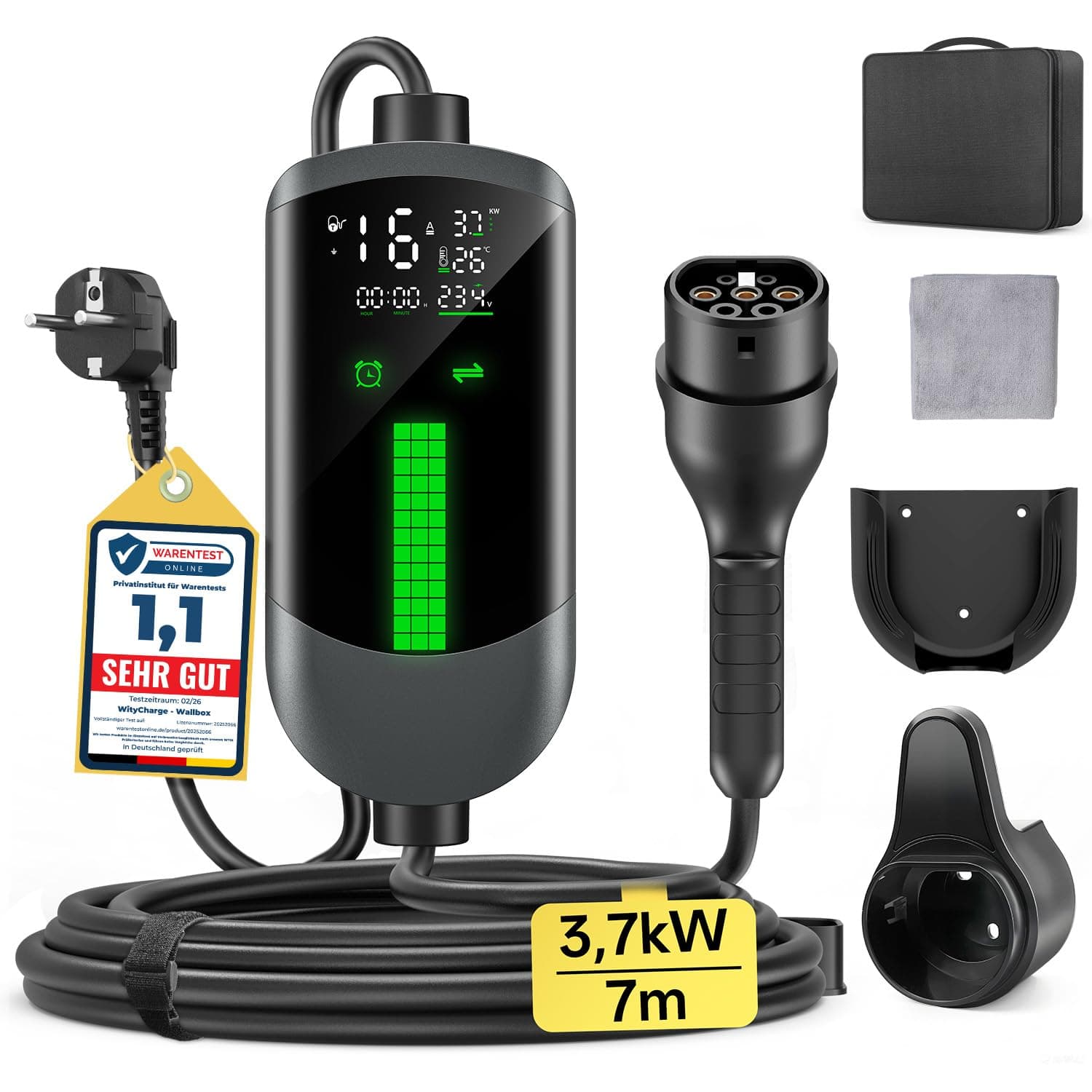 Colonnina Ricarica Auto Elettrica Wallbox - 3,7kW/7M/6-16A Carichino Auto Elettrica Portatile con LCD Digitale e Supporto, Caricabatterie Ritardato, IP65, Compatibile con EVs(IEC 62196-2) & PHEVS