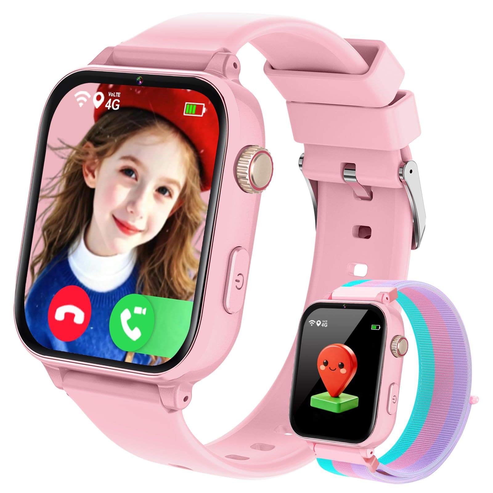 Reloj GPS Niños Localizador y Llamadas, 4G Smartwatch Niños Niña con Telefono Chat de Voz Videollamada Modo Clase Cámara Podómetro, Reloj Inteligente para 4 a 12 Años Regalos Comunion Navidad, Rosa