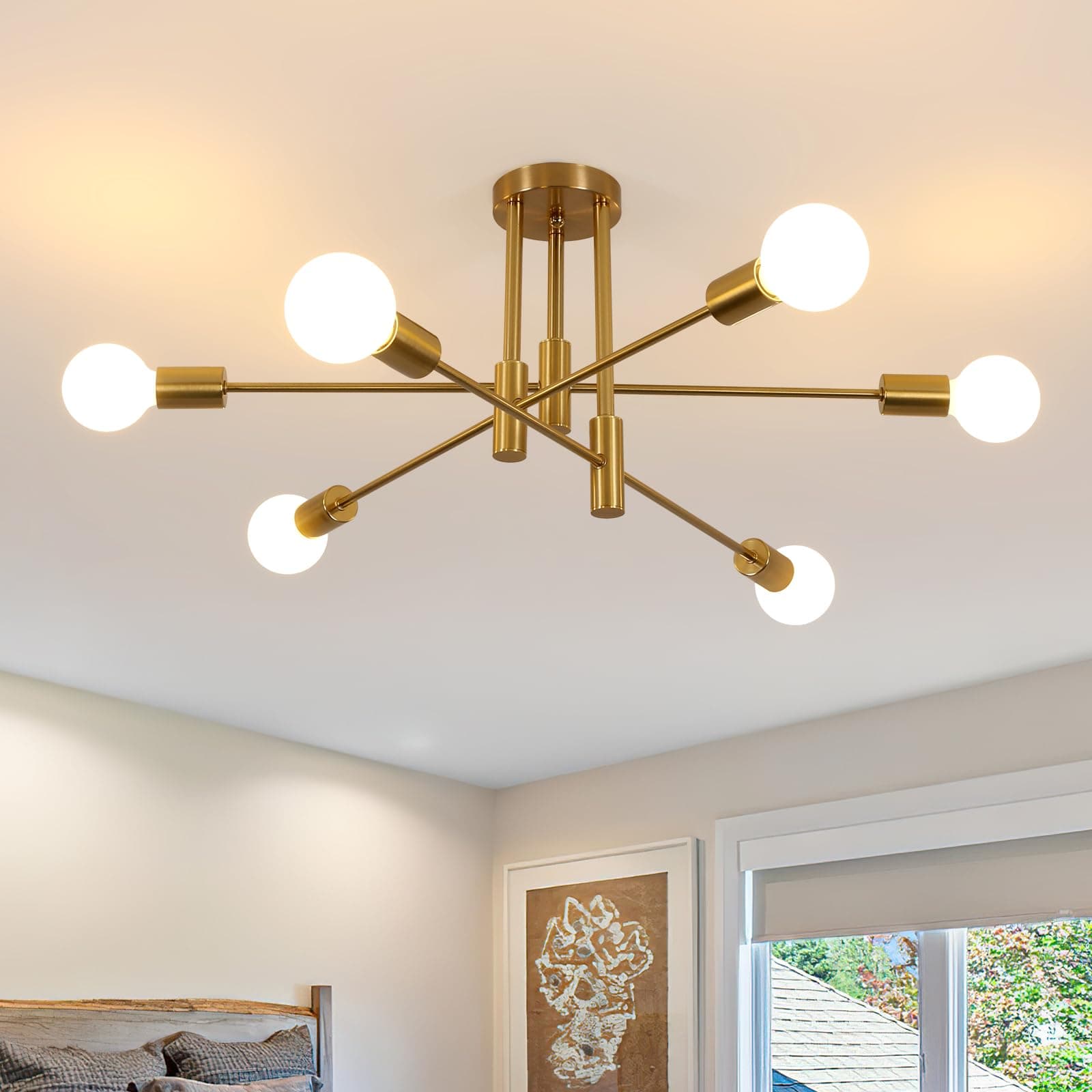 Lampadario Soggiorno Industriale, 6 Luci Sputnik Plafoniera Soffitto Vintage E27, Lampadario da Soffitto Dorato in Metallo per Camera da Letto Soggiorno Cucina, Diametro 72CM