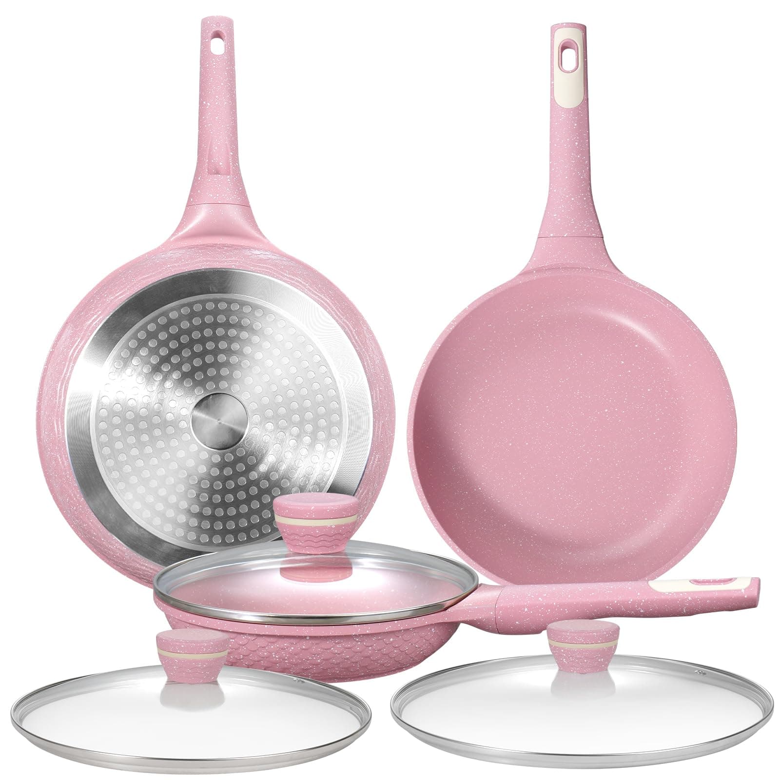 DYGG 6 PCS Juego Sartenes Antiadherentes 20, 26 y 28 cm con Tapa - Sartén Rosa Sin Tóxicos, Granito Antiadherente 100% Libre PFAS PFOA, Compatible Inducción, Gas y Todas Cocinas