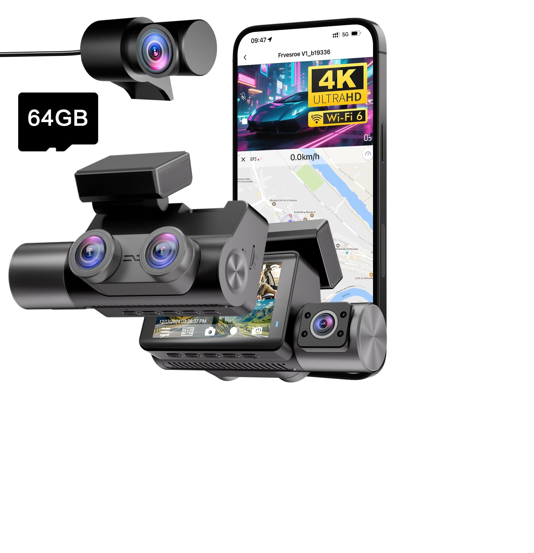 Frvesroe Dashcam 4K 3 Canales para Coche, Cámara Coche Interior y Trasera con GPS WiFi 6, Vigilancia 24H Parking, Visión Nocturna HDR, Dash CAM Coche con Tarjeta 64GB Gratis (V1)