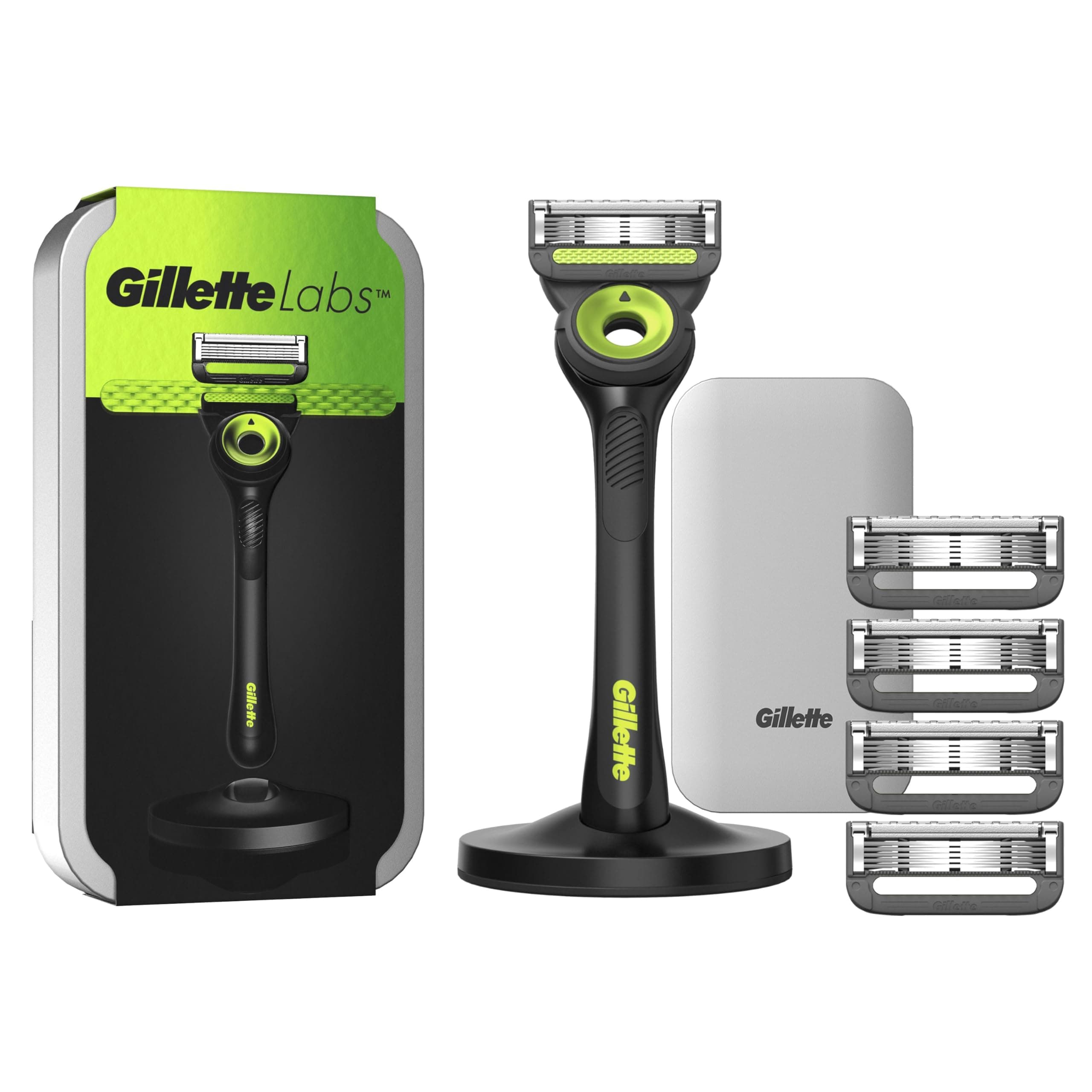 Gillette LABS RASOIO UOMO, con 5 LAMETTE DA BARBA di Ricambio, BASE MAGNETICA e BARRA INTEGRATA Elimina Impurità Pelle, Rasatura Facile, Comfort Ottimale, CUSTODIA DA VIAGGIO, Nero, Idea Regalo