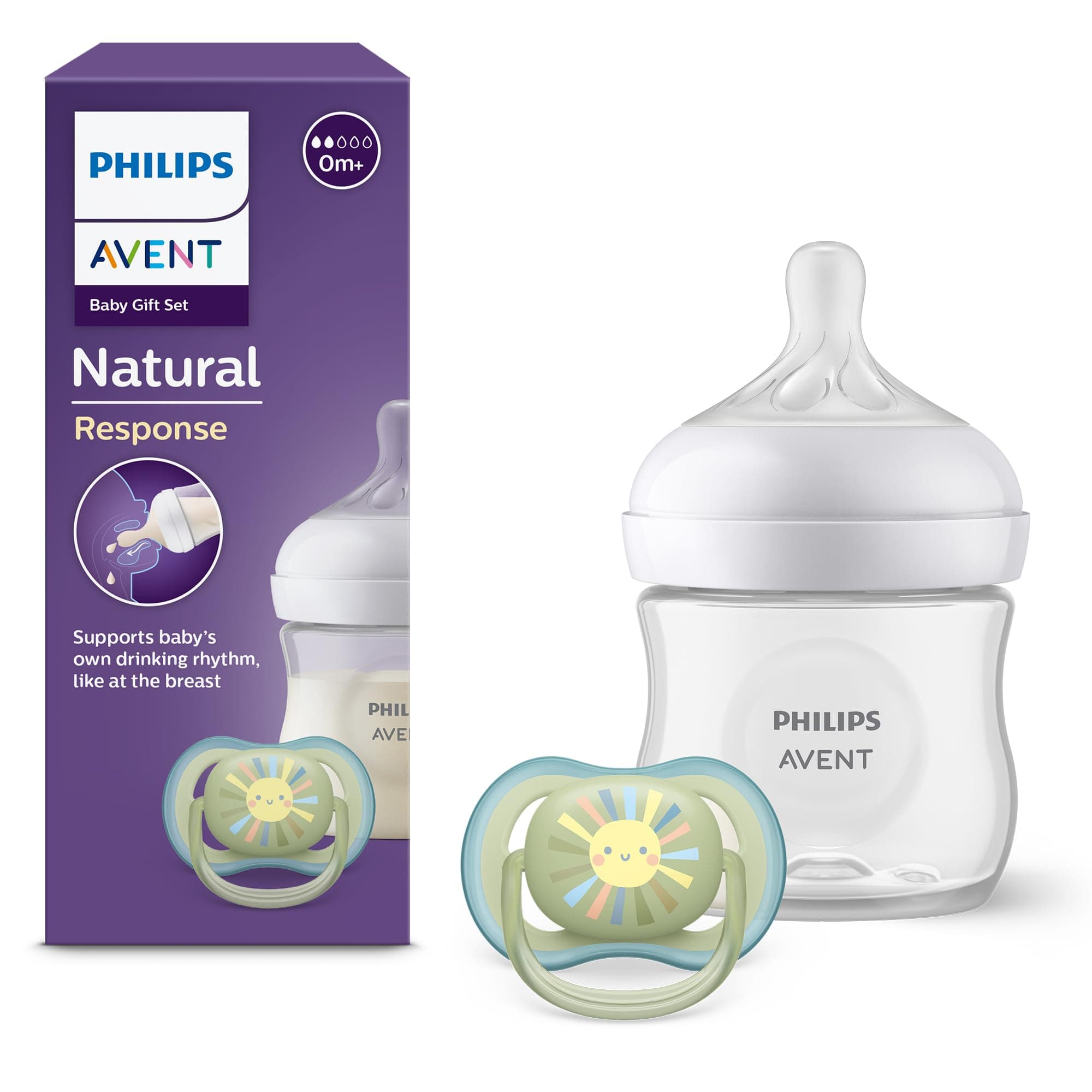Philips Avent Natural Response Baby Gift Set, biberon Natural Response da 125 ml con T2 (tettarella 0m+), ciuccio ultra air, modello Model SCD837/10