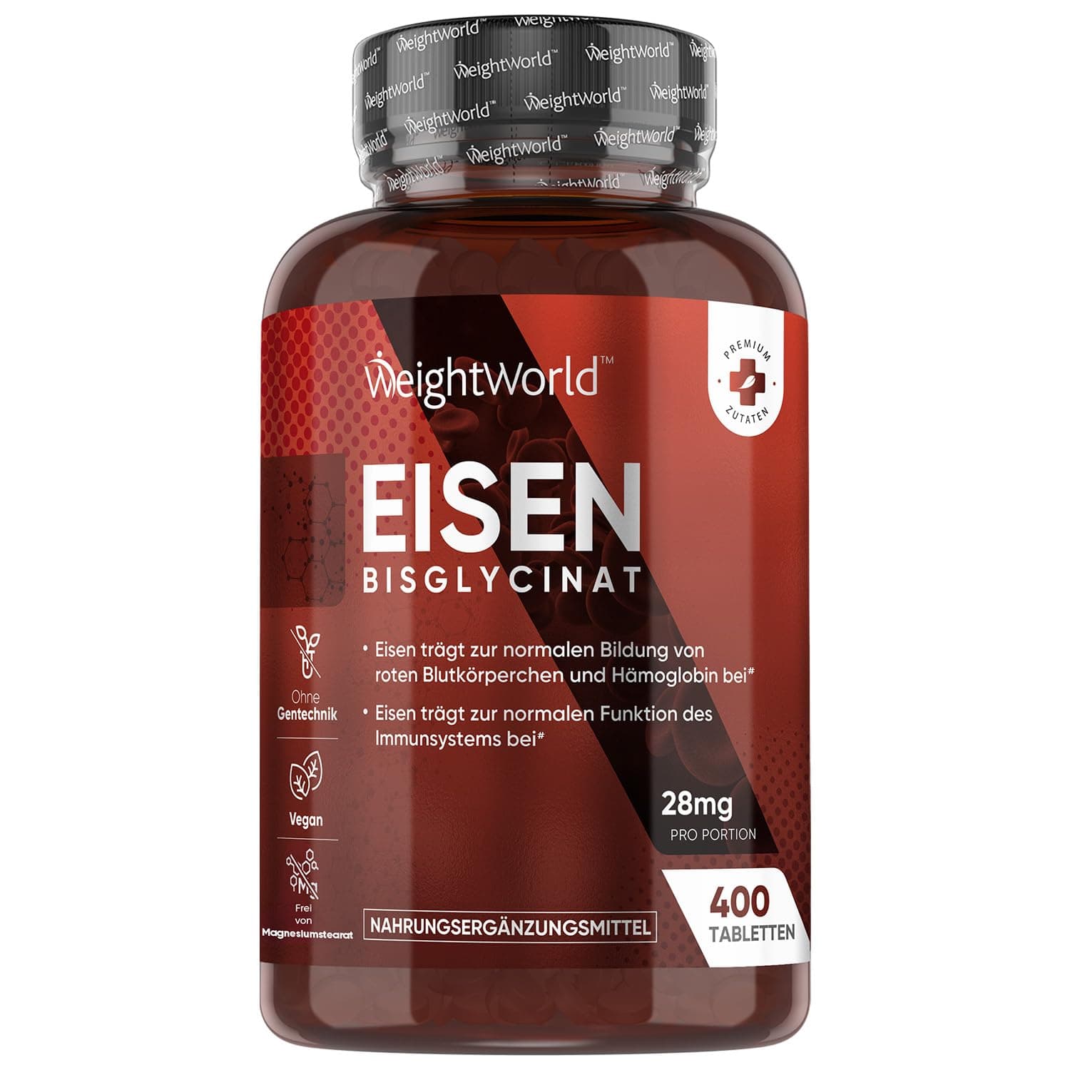 Eisentabletten - 400 vegane Tabletten - Eisen trägt zu einem normalen Energiestoffwechsel bei (EFSA) - 2 Tabletten pro Portion - 28 mg Iron pro Tag - 6+ Monate Vorrat - Eisenbisglycinat - WeightWorld