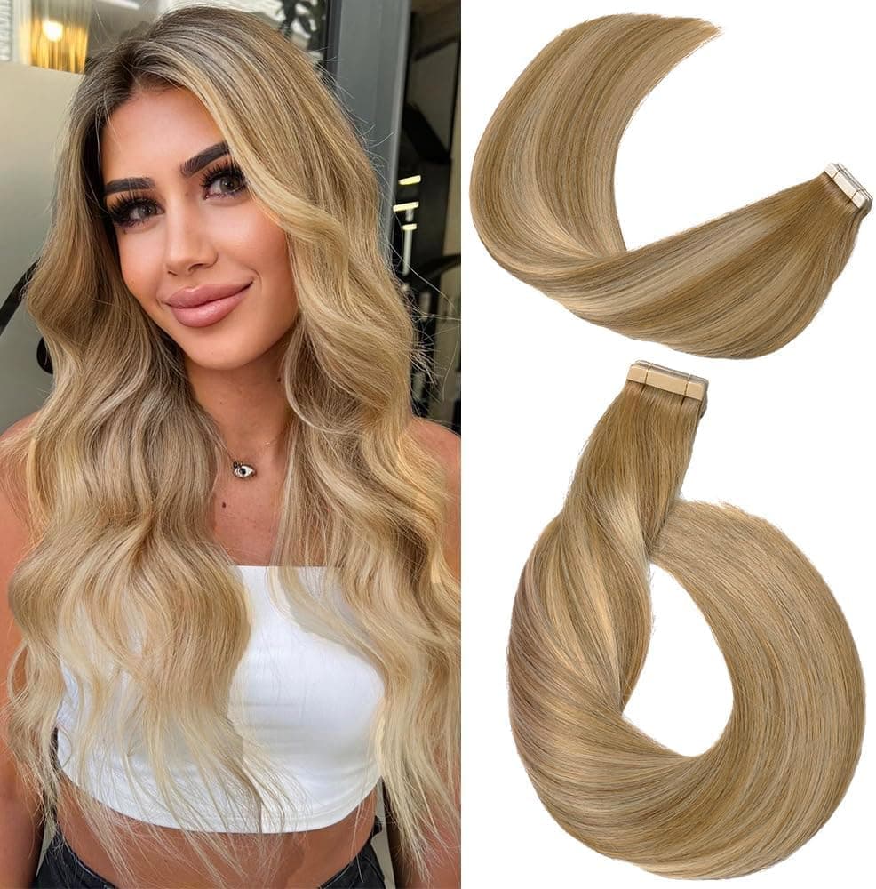 YDDM Extensiones Adhesivas de Pelo Natural 20pcs 55cm 50g Castaño Claro con Rubio Dorado