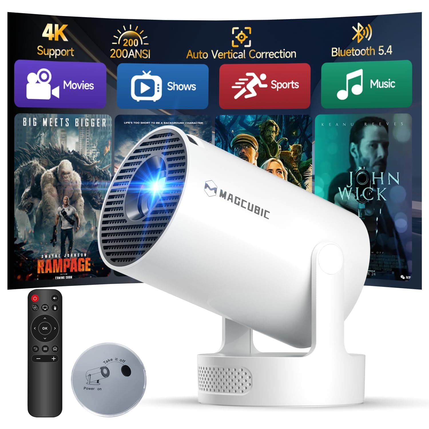 Magcubic Proyector 4K HY300pro+ con Android 14,Aplicación integrada | Corrección Trapezoidal Automática, WiFi 6 y Bluetooth 5.4, Altavoz de 5W Rotación de 180°
