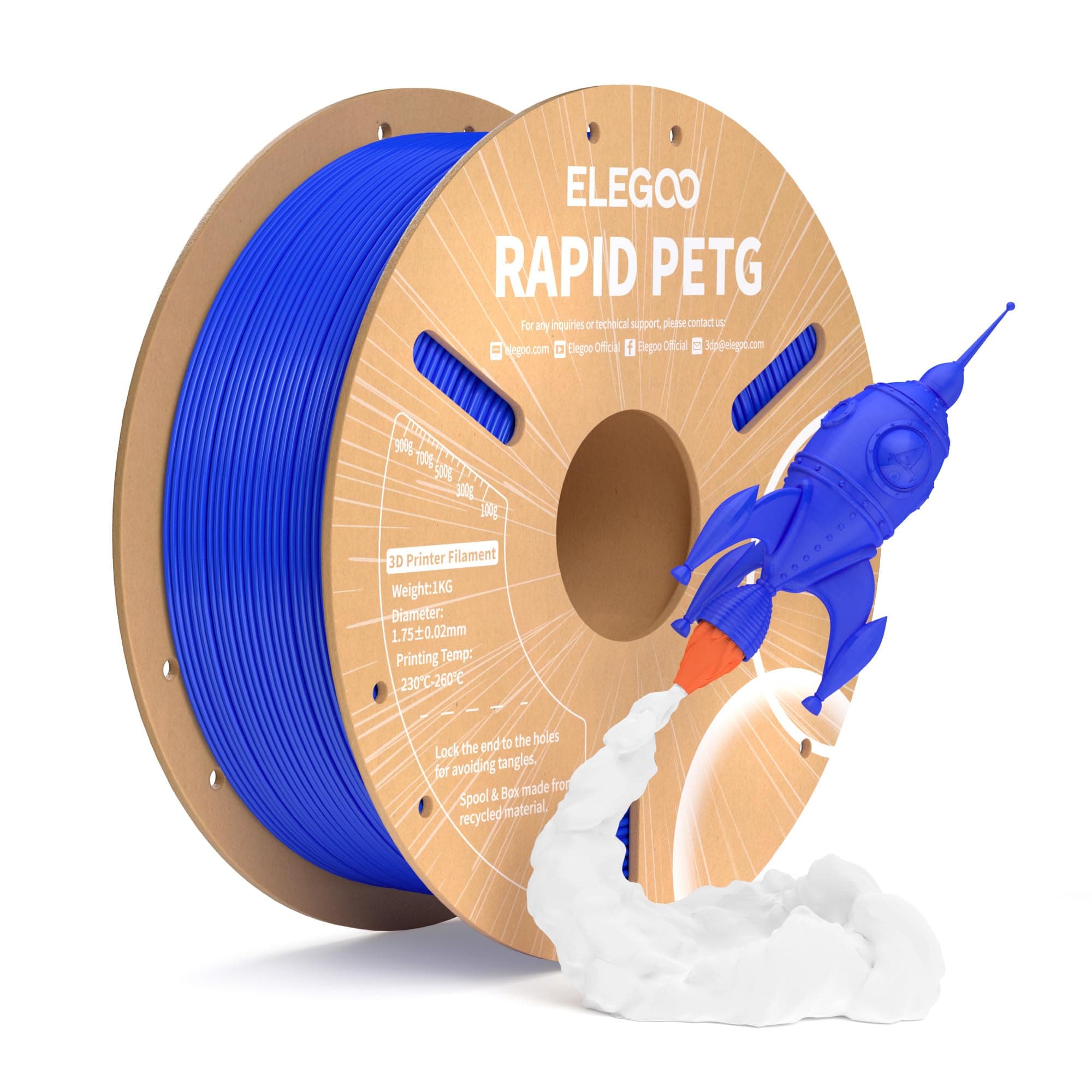 ELEGOO Filamento PETG Rápido 1.75 1KG Azul, PETG de Alta Velocidad 30-600mm/s para Impresora 3D, Precisión Dimensional +/- 0.02mm, Carrete Filamento 3D, para Mayoría Impresoras 3D