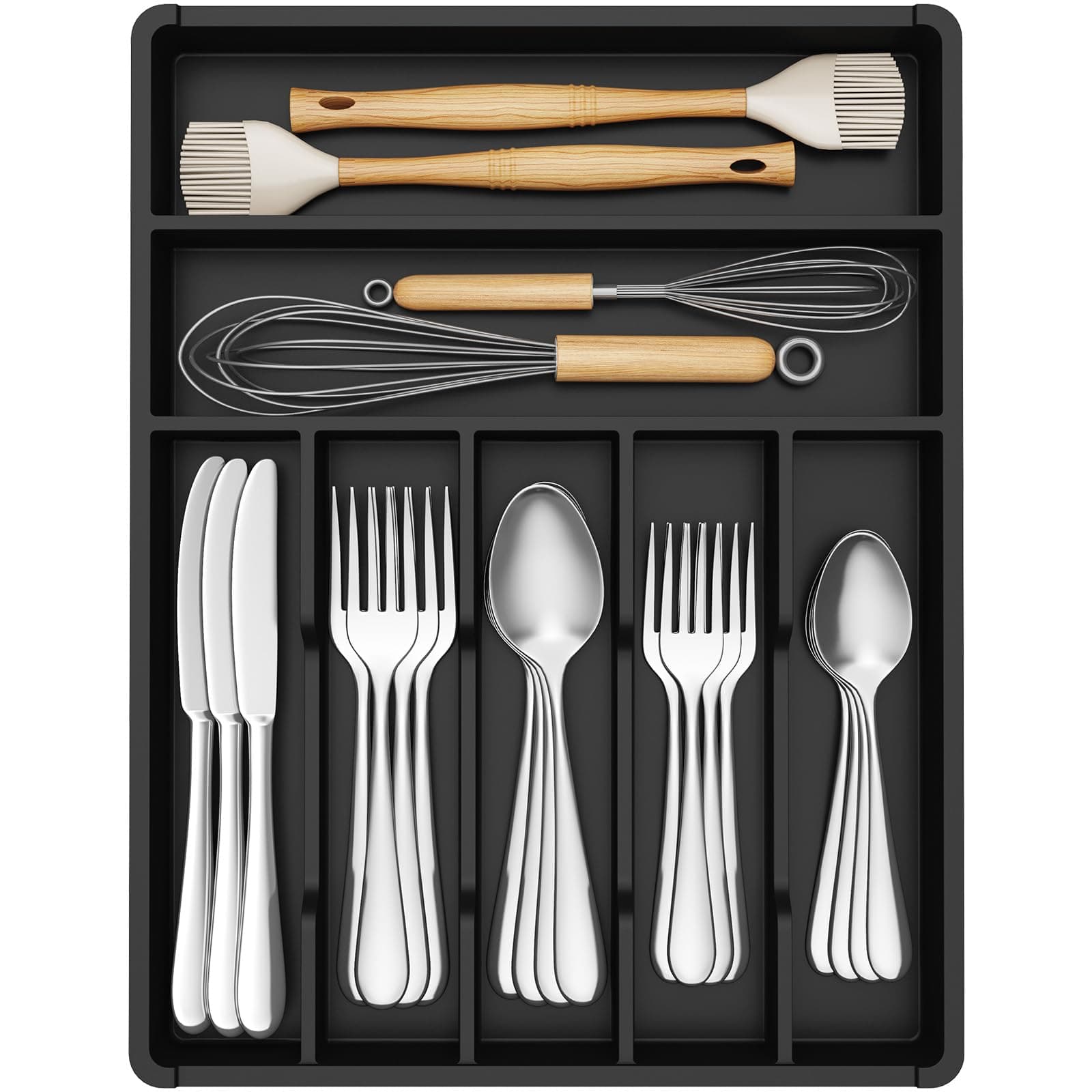 Lifewit Range Couvert Tiroir, Organisateur Couverts Tiroir Cuisine, 31x41 cm, Rangement pour Vaisselle, Bac de Rangement pour Cuillères/Fourchettes/Couteaux/Vaisselle, 7 Compartiments, Noir
