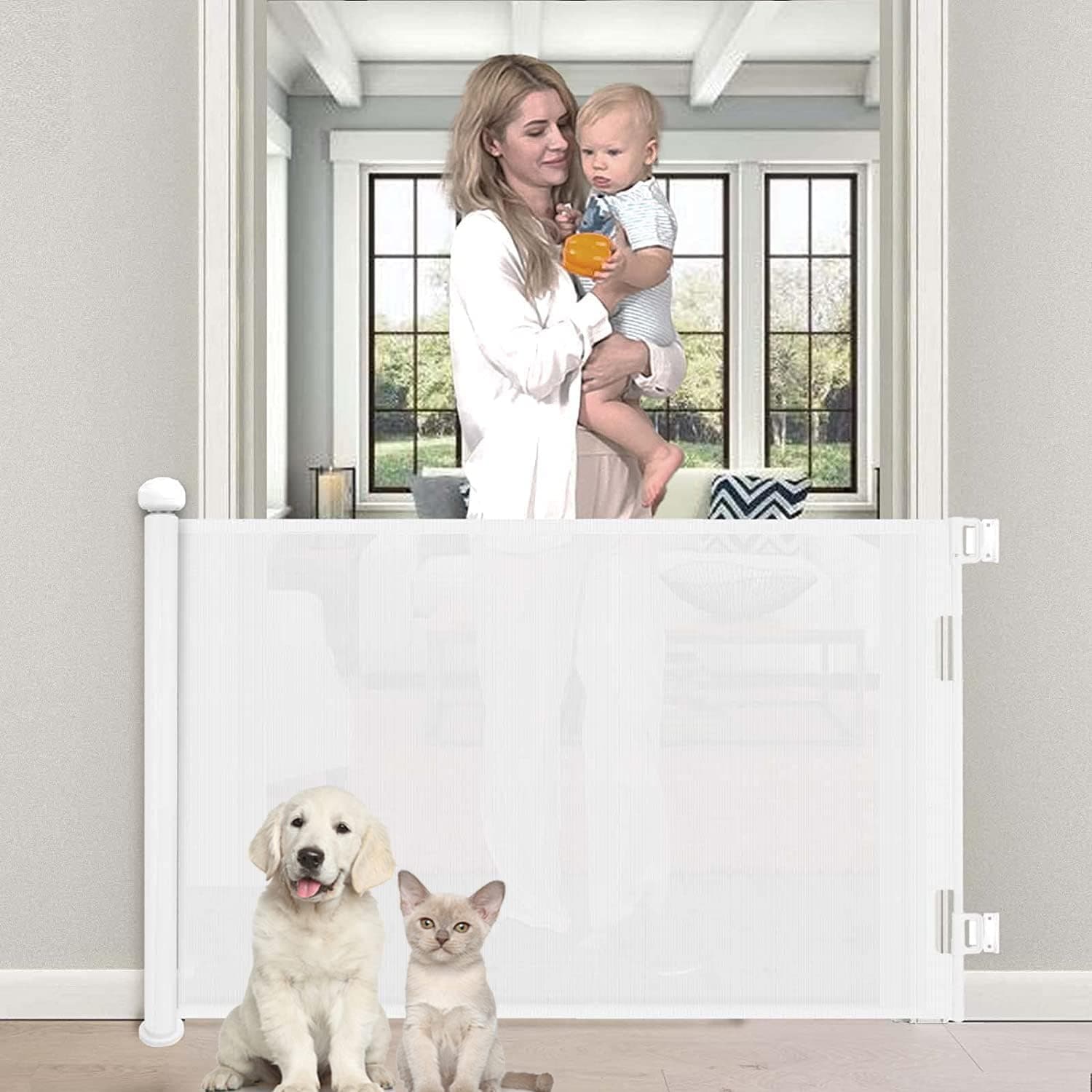 Barriere de Securite Enfant - Rétractable Barriere de Securite Chien 86x140CM Barrière de Sécurité, Barriere Escalier Enroulable pour Les Escaliers/Portes/Couloirs