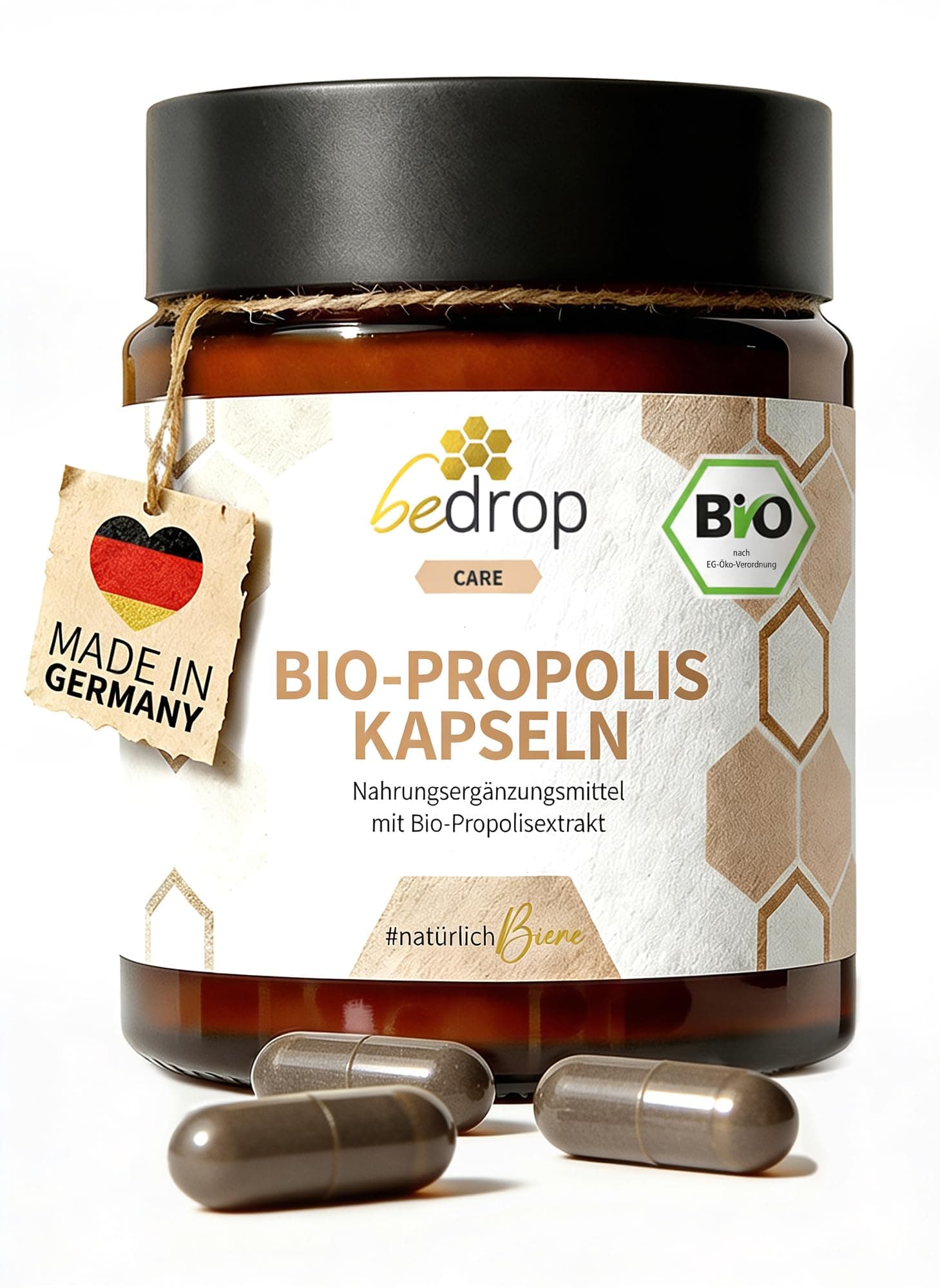 bedrop Bio Propolis Kapseln 800mg pro Kapsel hochdosiert - 60 Propolis Extrakt Kapseln aus Bio Imkerei - Reich an Polyphenolen & Flavonoiden - In nachhaltiger Glas Verpackung