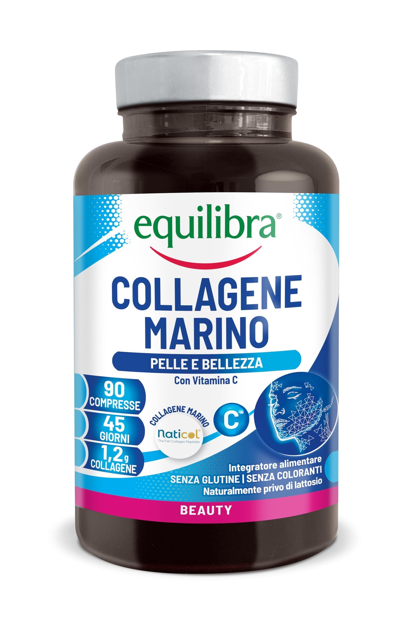 Equilibra, Collagene Marino Idrolizzato Naticol, 90 Compresse, 1200 mg Collagene per Dose, 80 mg Vitamina C per Dose, Collagene Tipo I e III, Mantenimento del Tono e dell'Elasticità della Pelle