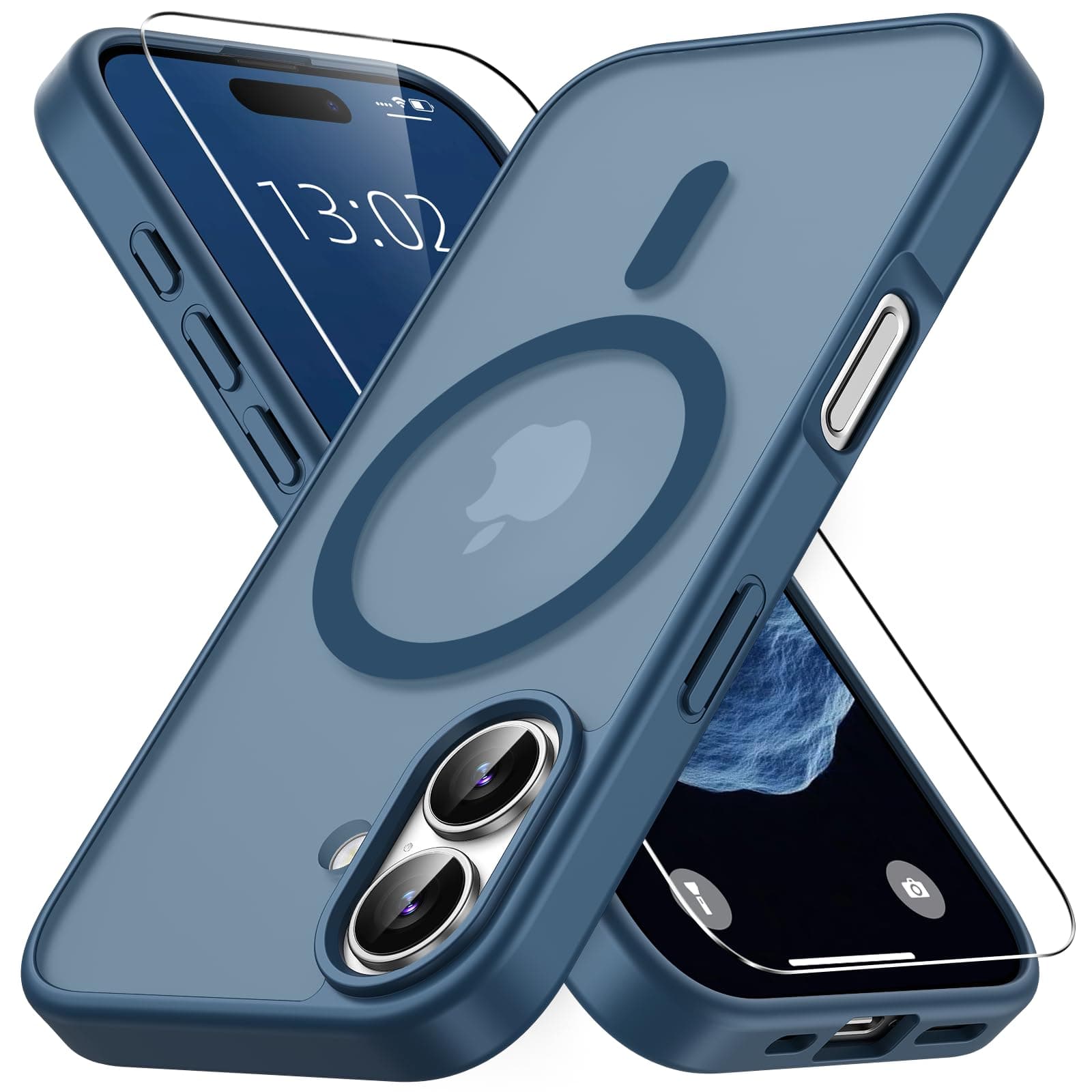 Vansdon Magnétique Coque pour iPhone 17 avec 1 Verre Trempé, Compatible avec MagSafe, Protection Contre Les Chutes de qualité Militaire, Coque Mat Translucide Fine Antichoc -Bleu Foncé