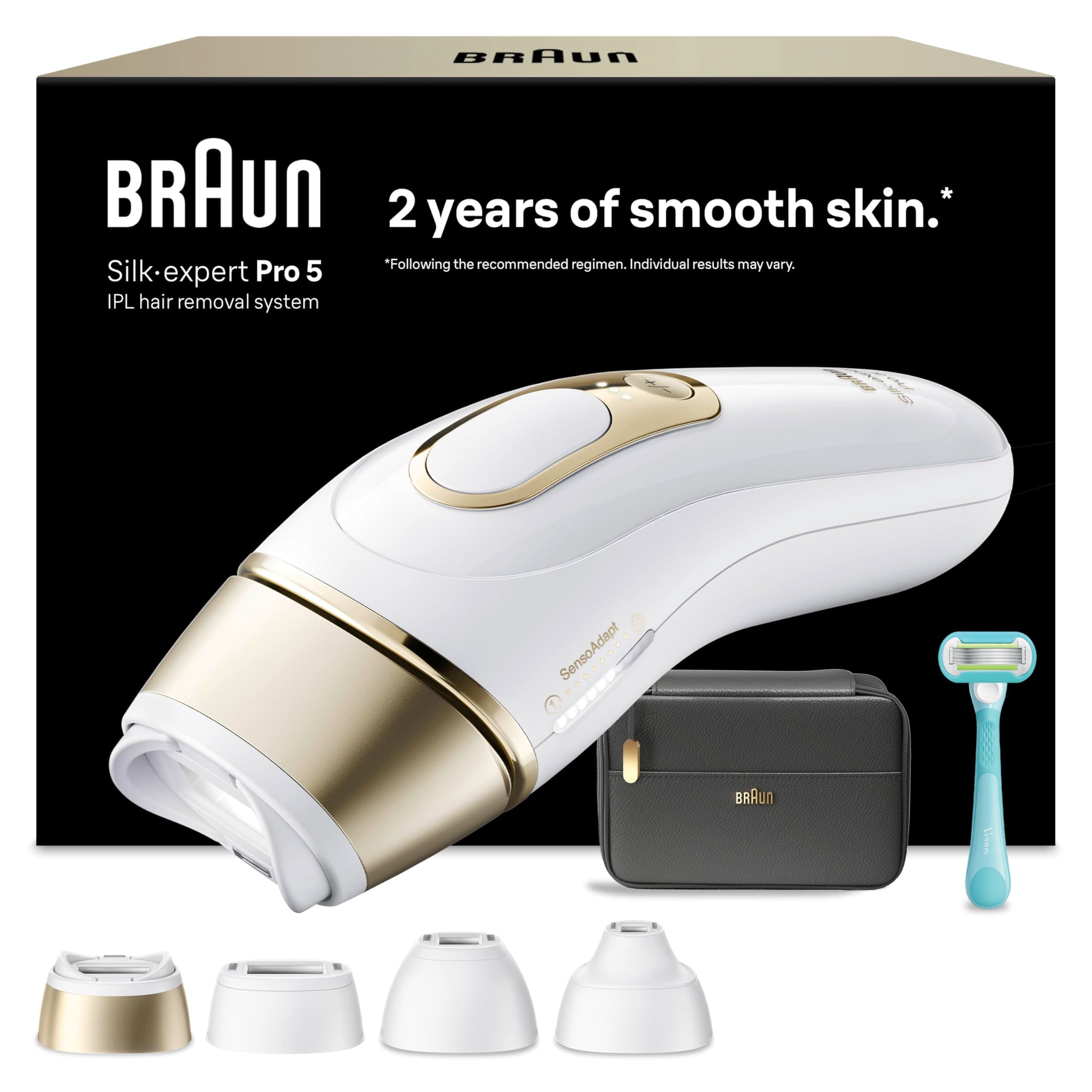 Braun Depiladora Luz Pulsada Silk·expert Pro 5, IPL, Depilación Láser En Casa Para Cara Y Cuerpo, Reducción Permanente Del Vello, Depiladora Laser Con 4 Cabezales, Neceser y Maquinilla Venus, PL5431