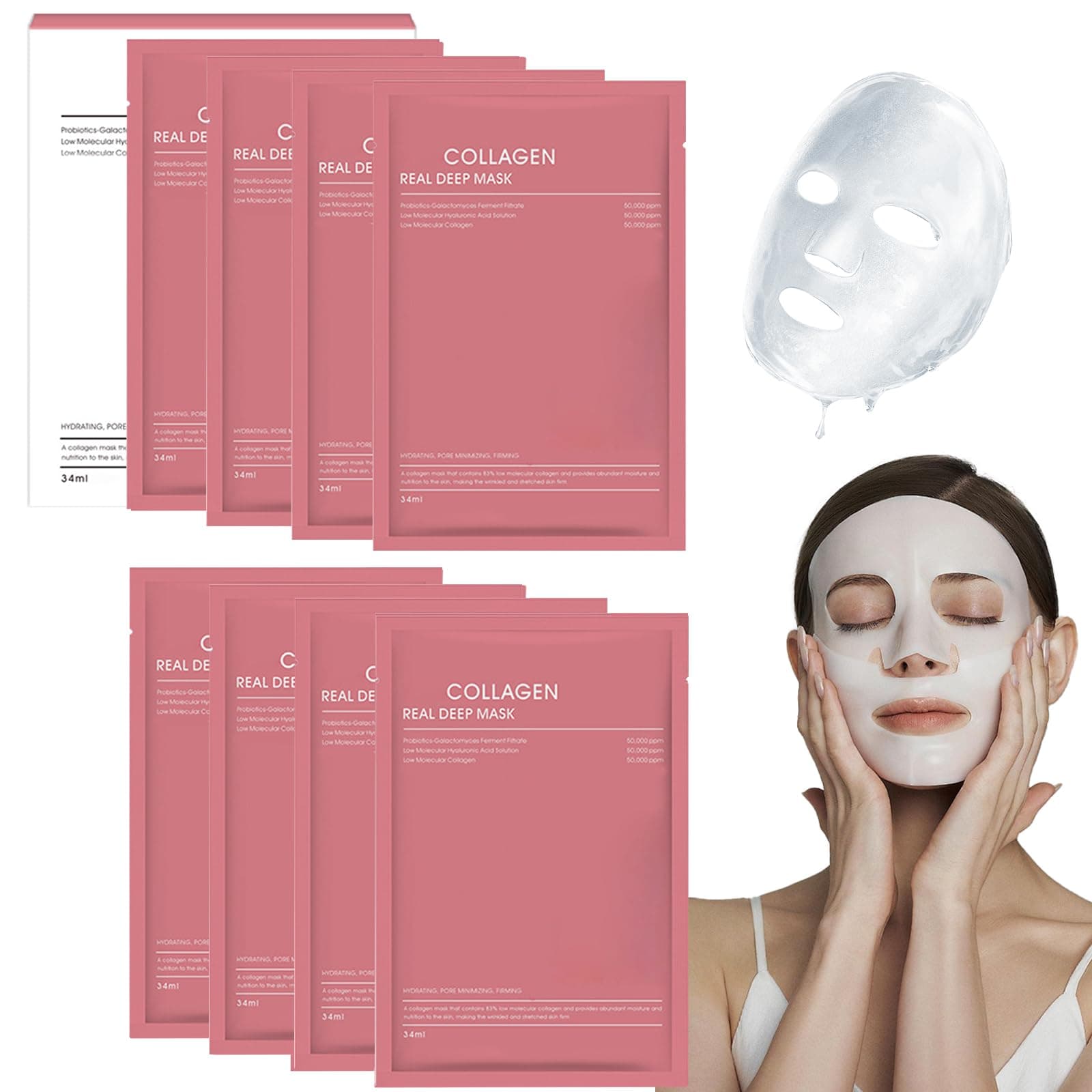 8 Pezzi Maschera Viso Al Collagene, Bio Collagen Real Deep Mask, Riduce le Linee Sottili e Le Rughe, Minimizzare I Pori, Migliorare L'elasticità, Idratare e Rassodare la Pelle