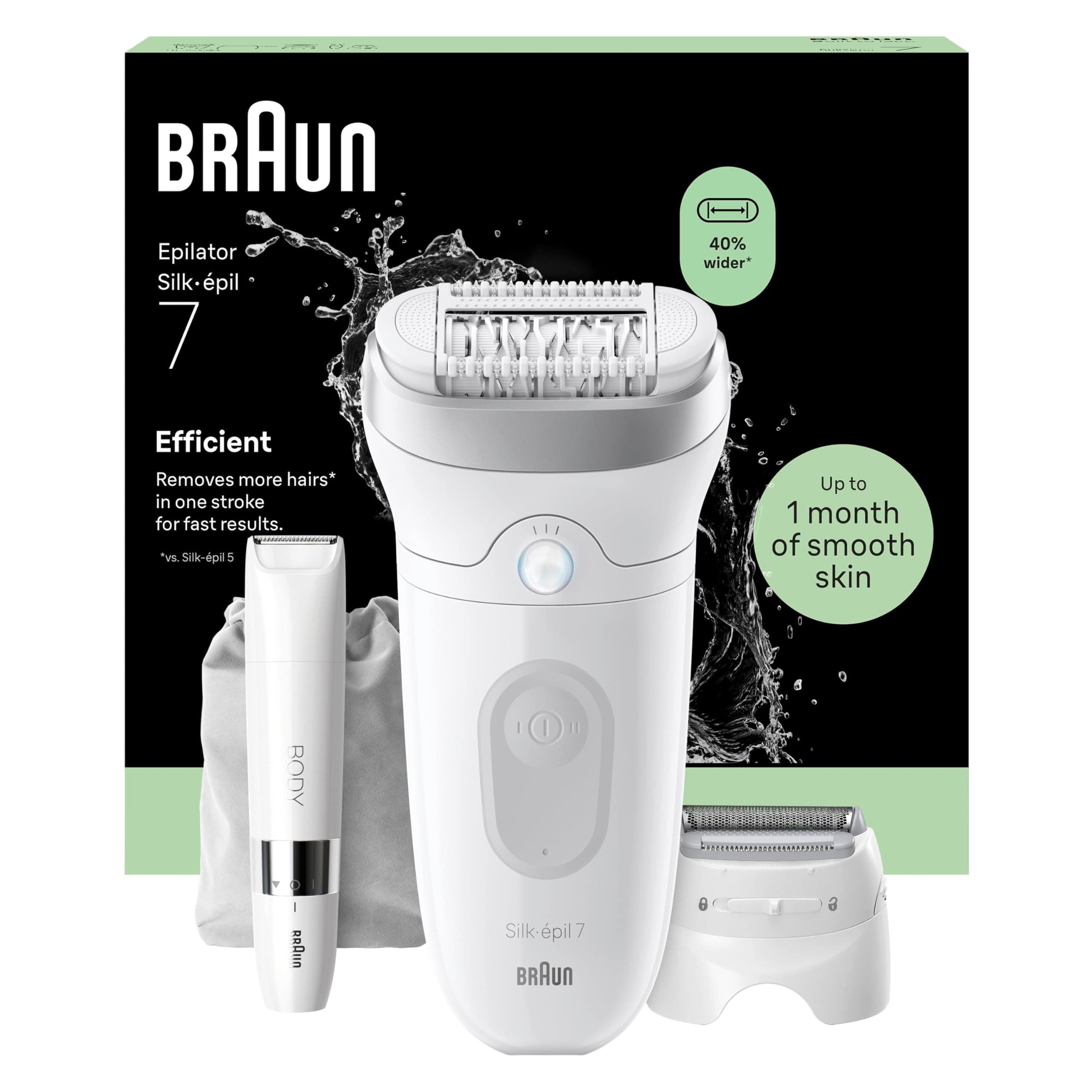 Braun Silk Epil 7 Epilatore Elettrico Donna Con Testina Ampia Per Una Facile Rimozione Dei Peli, Wet&Dry, Pelle Liscia, Con Testina Radente, Cappuccio Regolatore E Mini Rifinitore Corpo, 7-441,Argento