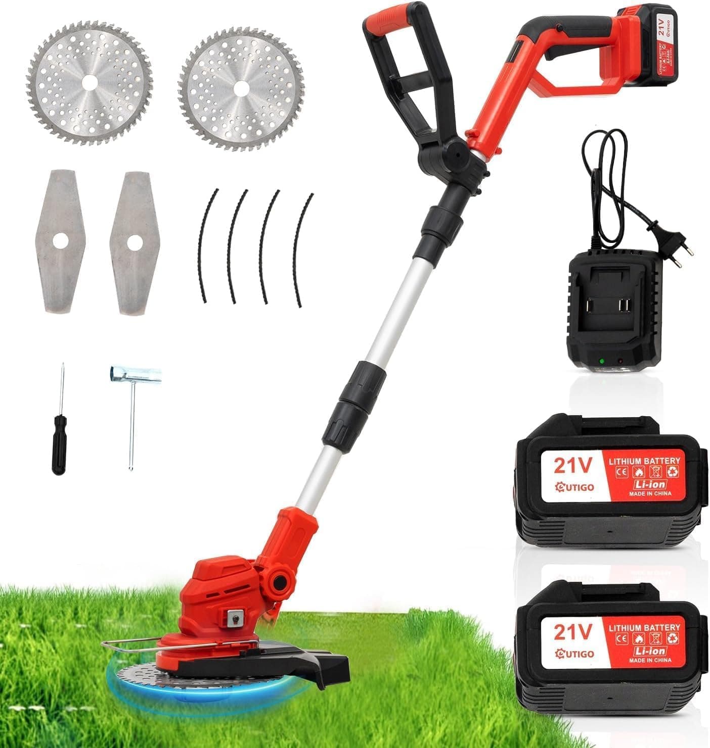 Debroussailleuse Electrique sans Fil Pliable, 2 * 4000mAh Batteries, Débroussailleuse à Gazon Portable d'extérieur pour Couper l'herbe avec Roues latérales et Lame 3 en 1,Idéal pour tondre les jardins