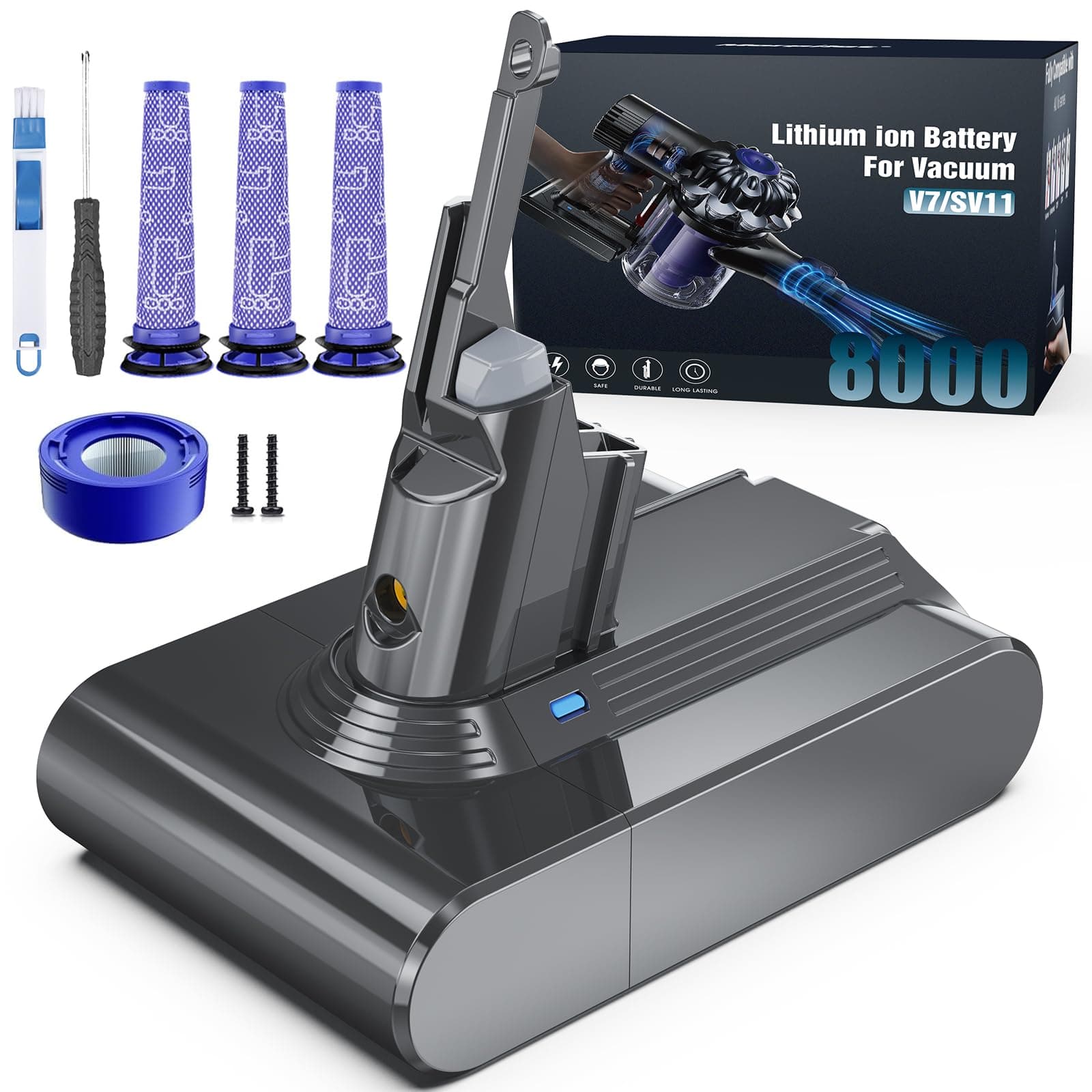 Morpilot 8000mAh Batterie pour Dyson V7 SV11 Motorhead Animal Mattress Fluffy Trigger Car+Boat Absolute Aspirateur avec 3 Prefiltres, 1 Postfiltre et 1 Tournevis