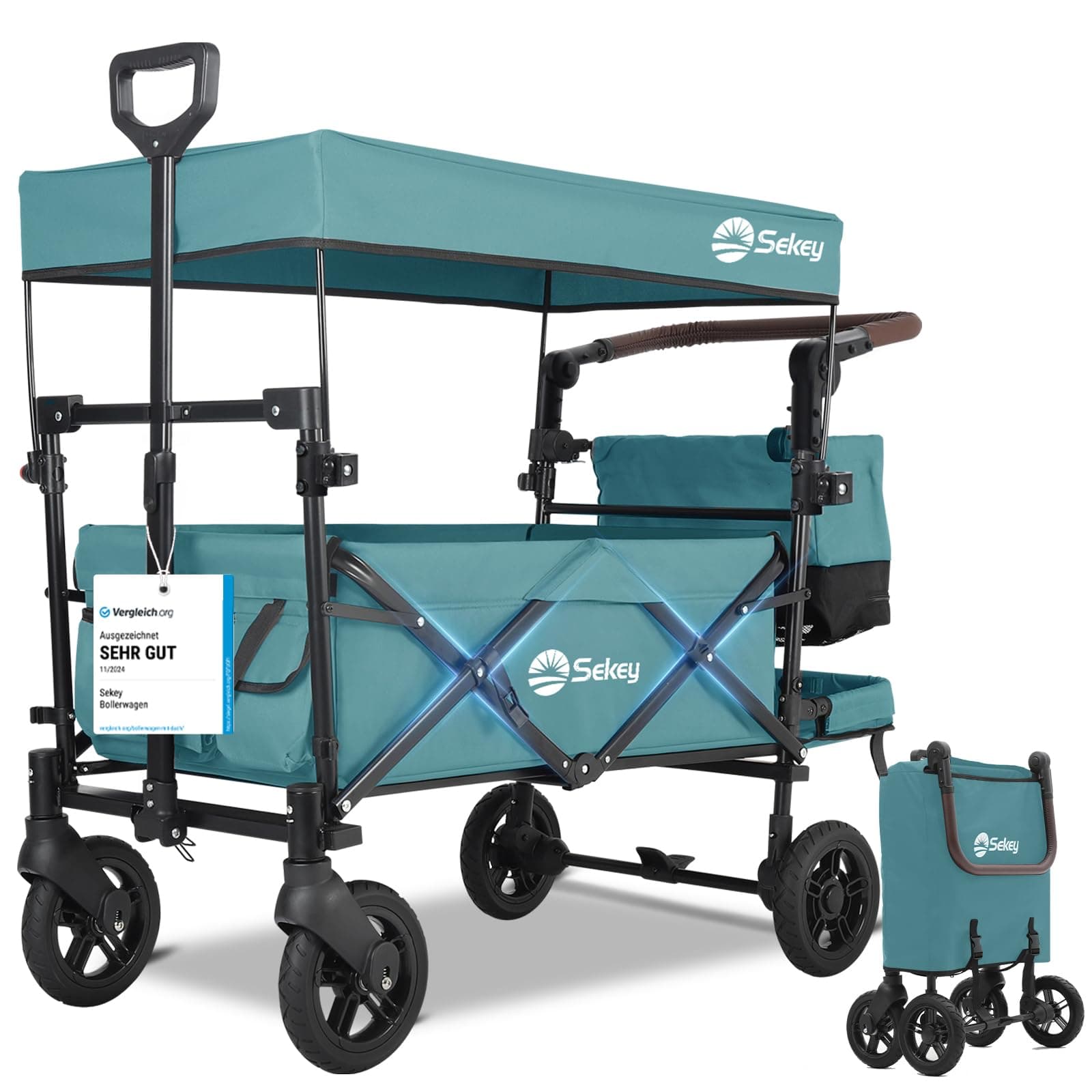 Sekey Bollerwagen Faltbar mit Dach 2 Kinder 100KG, Faltbarer Bollerwagen Handwagen Schiebegriff, Kinderwagen Stoßfest PU Räder mit Bremsen 110L, SS5050, Dunkelgrün