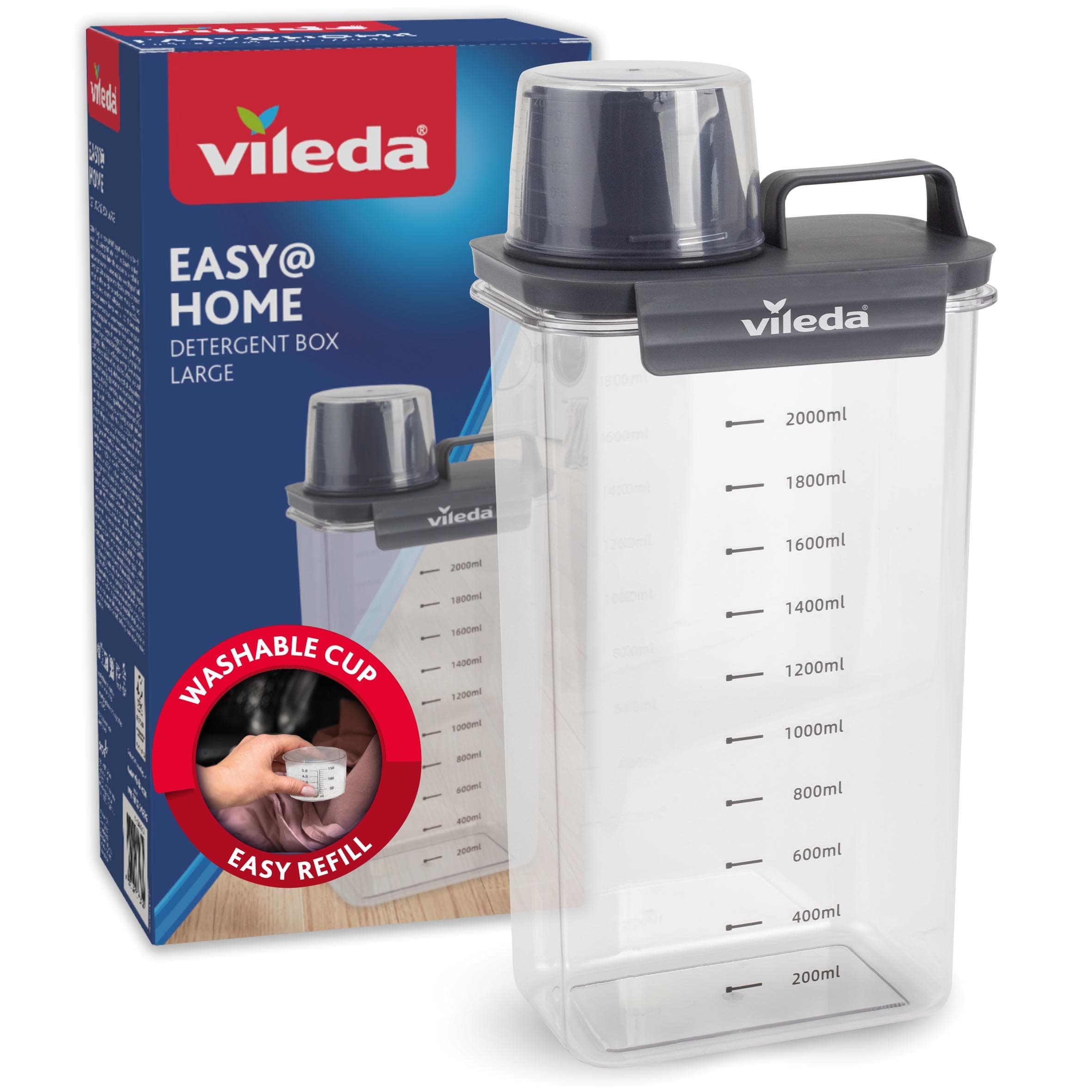 Vileda Waschmittelbox 2300ml grau - Praktische Aufbewahrungsbox für Waschpulver & Flüssigwaschmittel - Inklusive Messbecher für präzises Dosieren - Luftdichte & Platzsparende Waschpulverbox