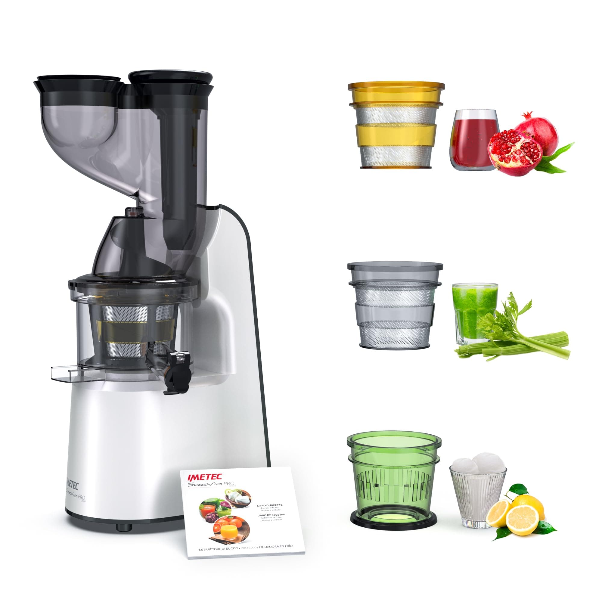 Imetec Succovivo Pro 2000 – Estrattore di succo a freddo | Spremitura a freddo 48 giri/min | Filtro per succhi e con fibre | Cestello per sorbetti | Ricettario