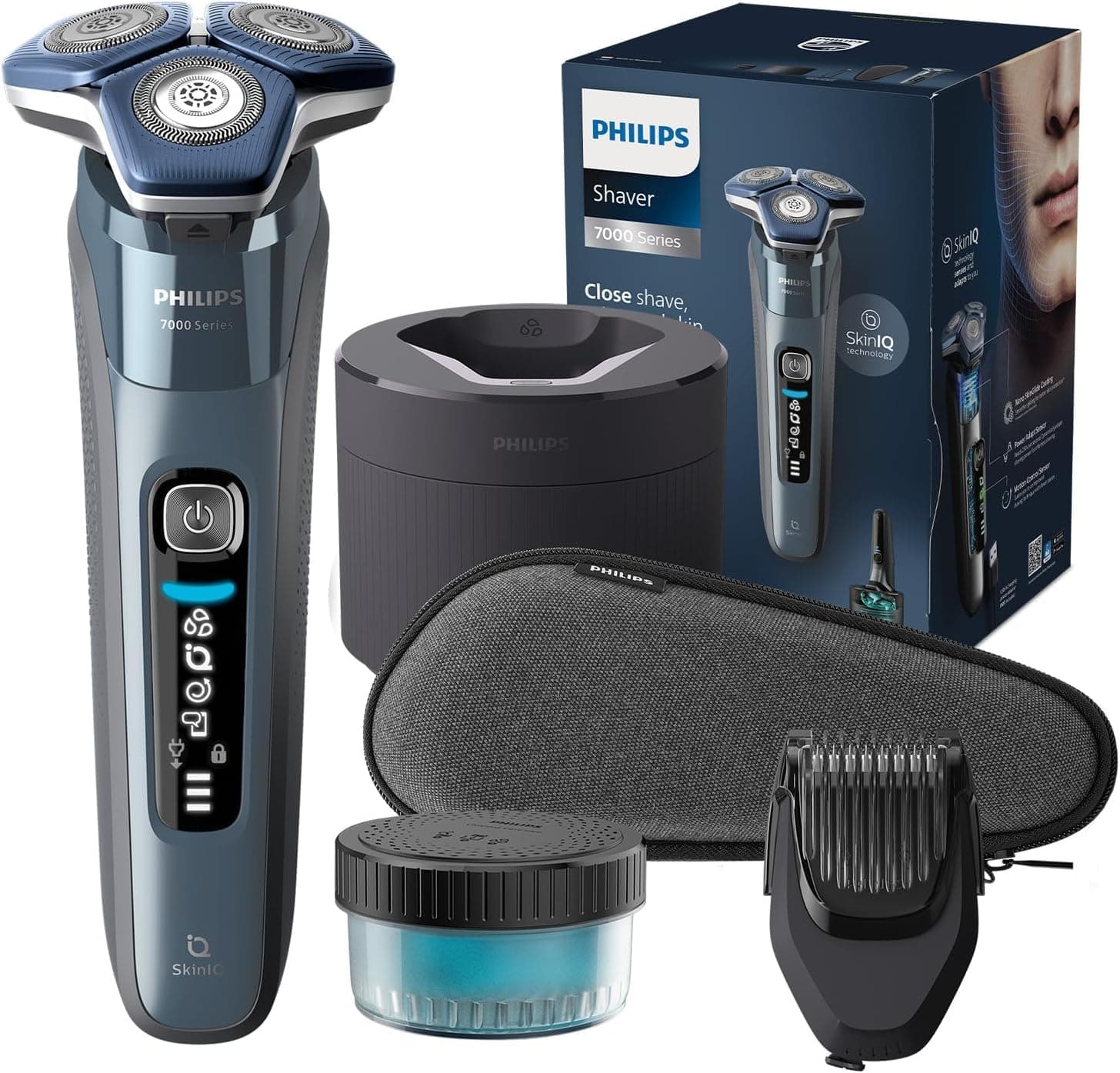 PHILIPS Shaver S7000 – Elektrischer Nass-& Trockenrasierer in Eisblau mit 1 x integrierten ausklappbaren Trimmer, Barttrimmer-Aufsatz, Reinigungsstation, Reiseetui & Ladestation (Modell S7882/54)
