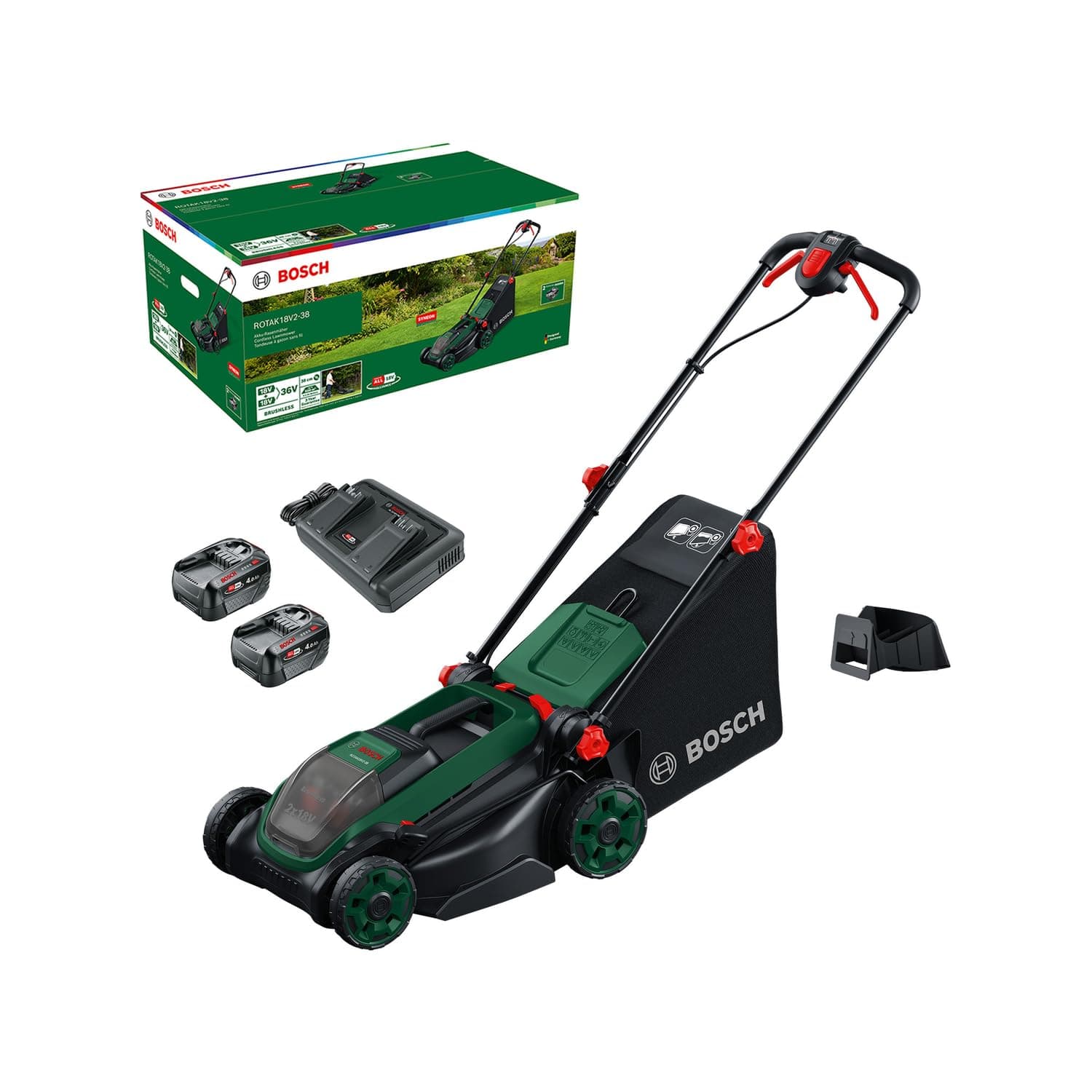 Bosch Tondeuse à Gazon sans-Fil ROTAK18V2-38 (Largeur de Coupe: 38 cm, Hauteur de Coupe: 30-75 mm, Sac de ramassage en Tissu de 40 l, Accessoire de Mulching, avec Deux Batteries 18V et Chargeur)
