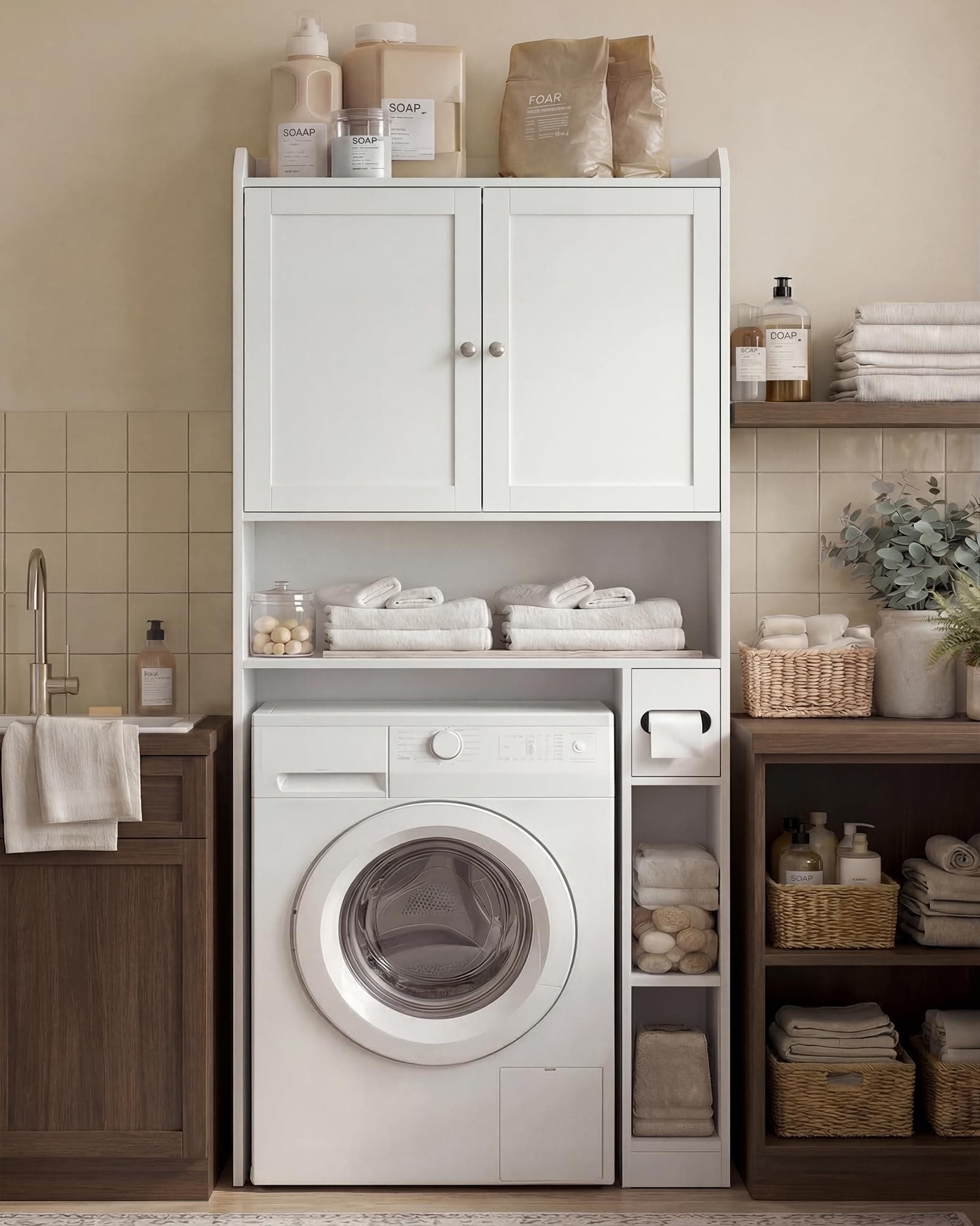 VASAGLE Meuble WC, Armoire pour Machine à Laver, Étagères Ajustables, Économie d’Espace, Adapté à la Plupart des Toilettes, Moderne, 20 x 79,1 x 170 cm, Blanc Nuage BTS018W01V1